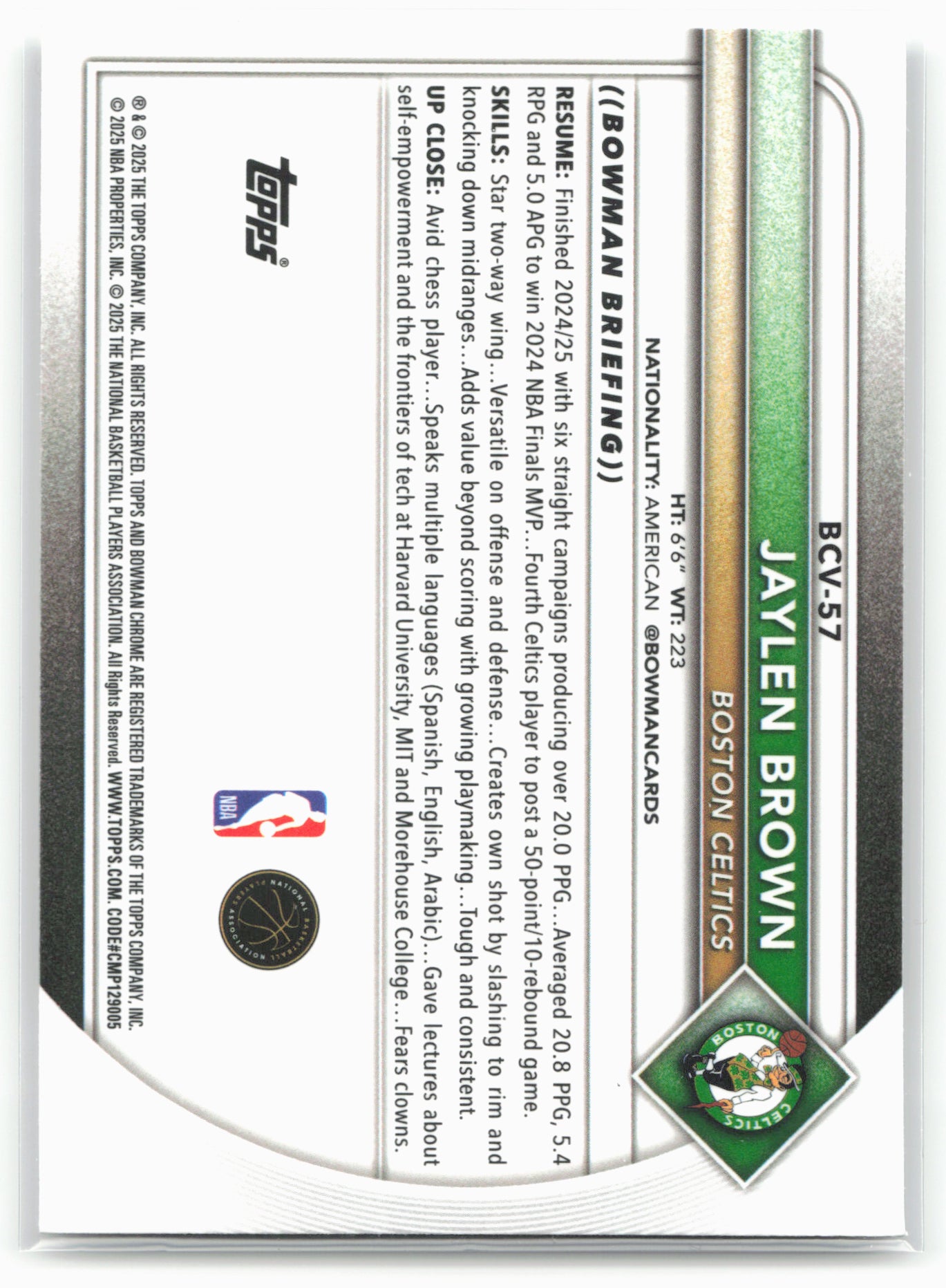 2025-26 Bowman #BCV-57 Jaylen Brown Chrome Mojo Refractor