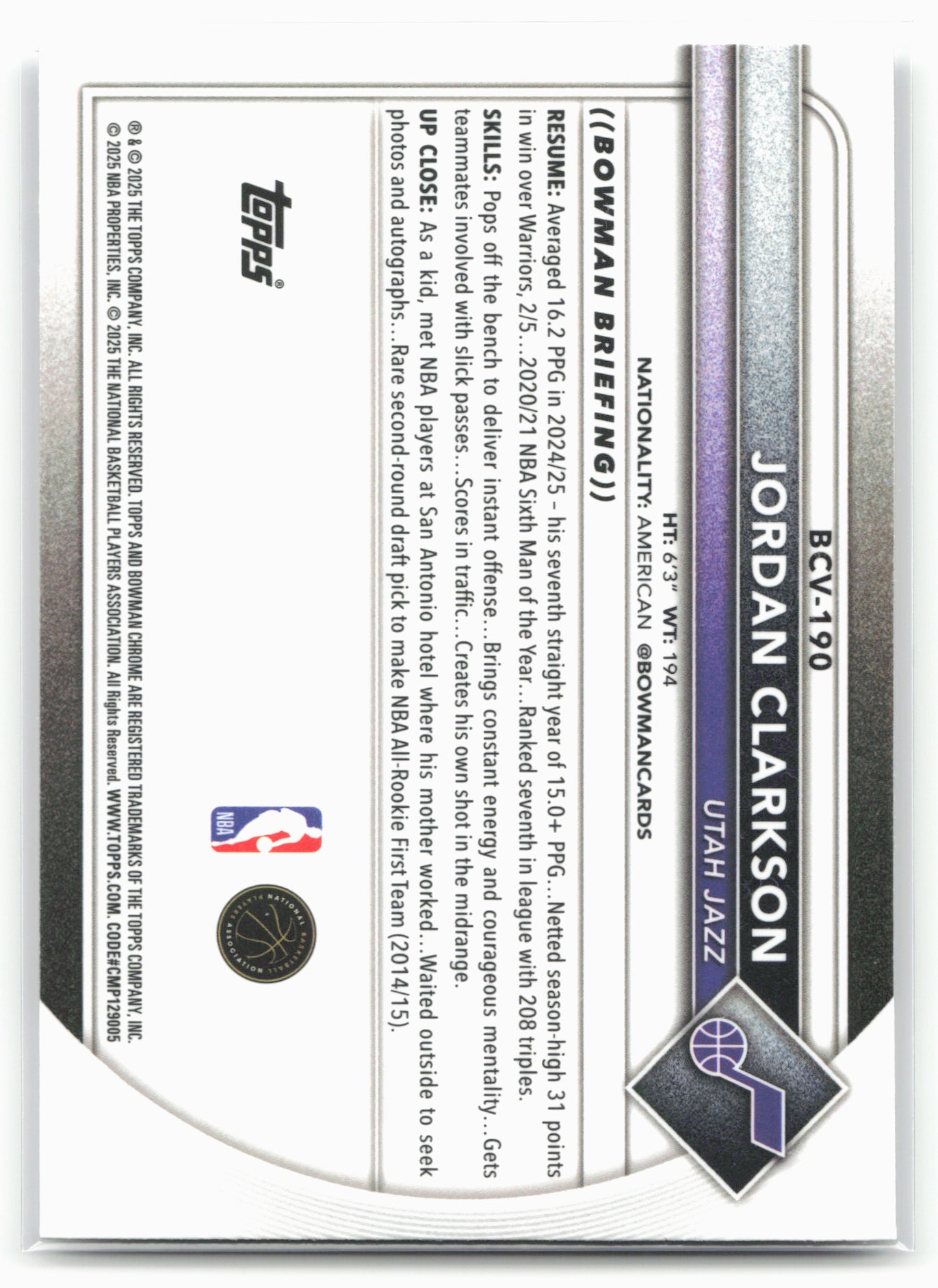 2025-26 Bowman #BCV-190 Jordan Clarkson Chrome Mojo Refractor
