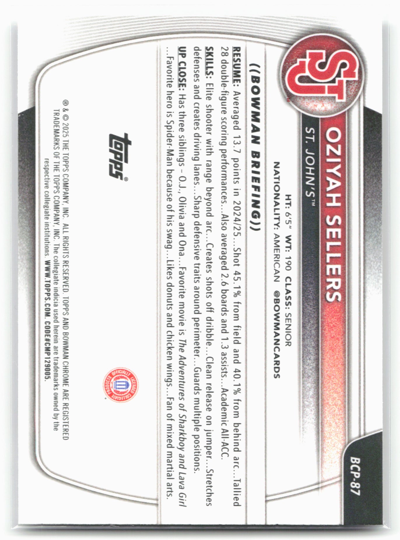 2025-26 Bowman #BCP-87 Oziyah Sellers Chrome Prospects Mojo Refractor