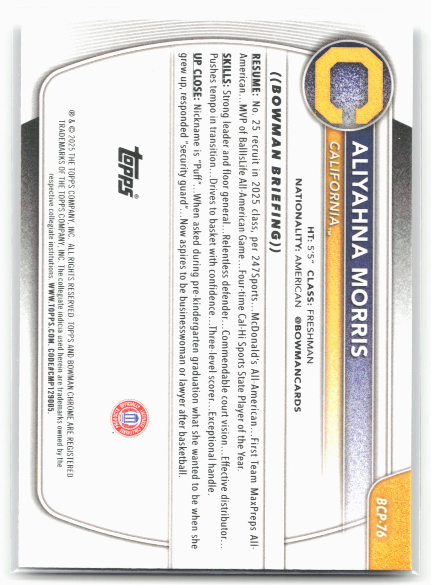 2025-26 Bowman #BCP-76 Aliyahna Morris Chrome Prospects Mojo Refractor