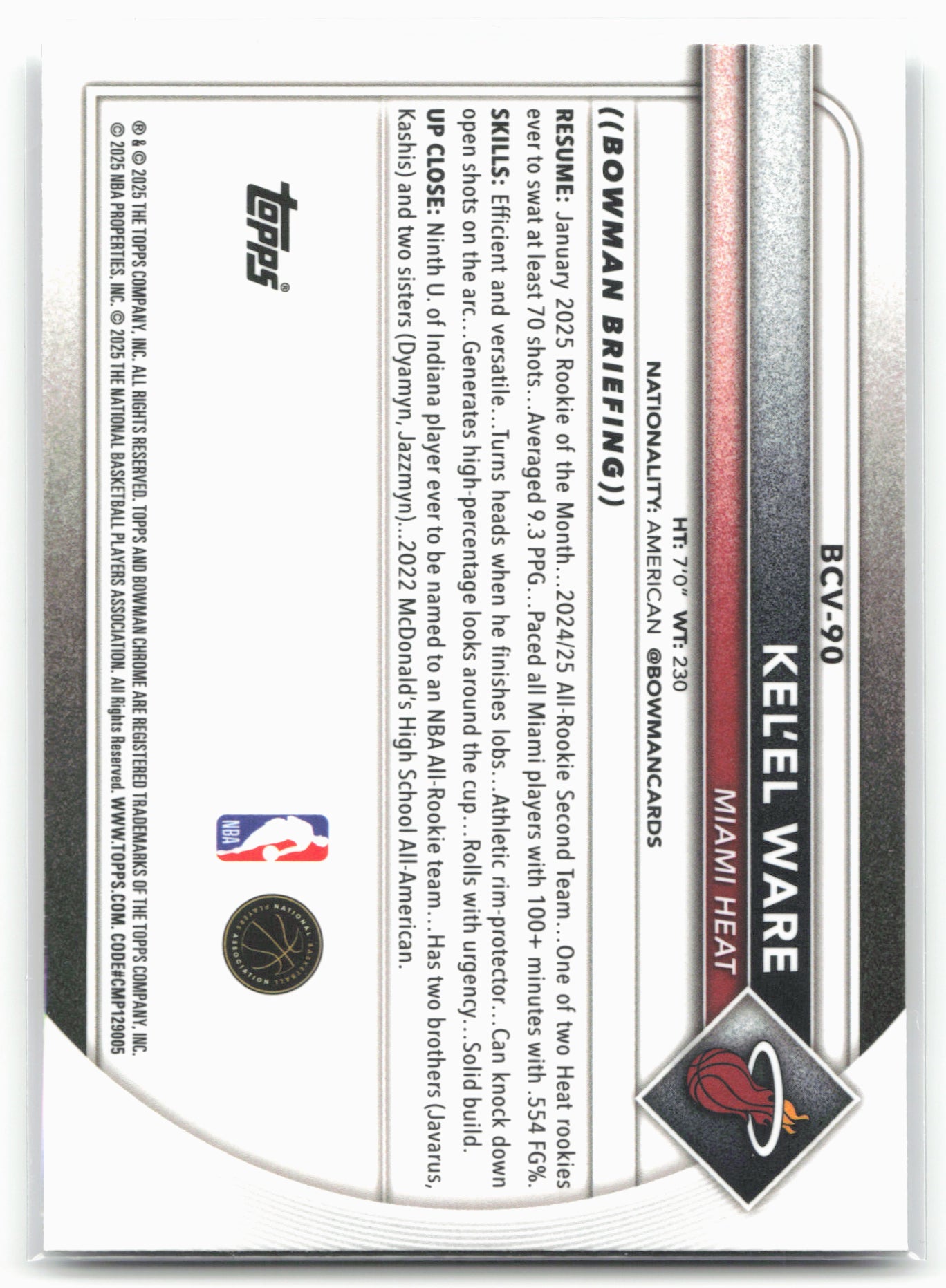 2025-26 Bowman #BCV-90 Kel'el Ware Chrome Mojo Refractor