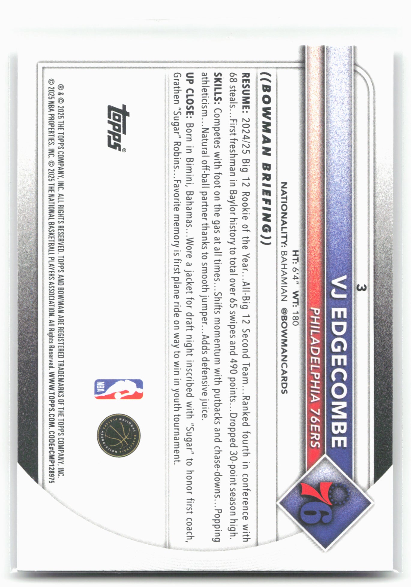 2025-26 Bowman #3 VJ Edgecombe 28757