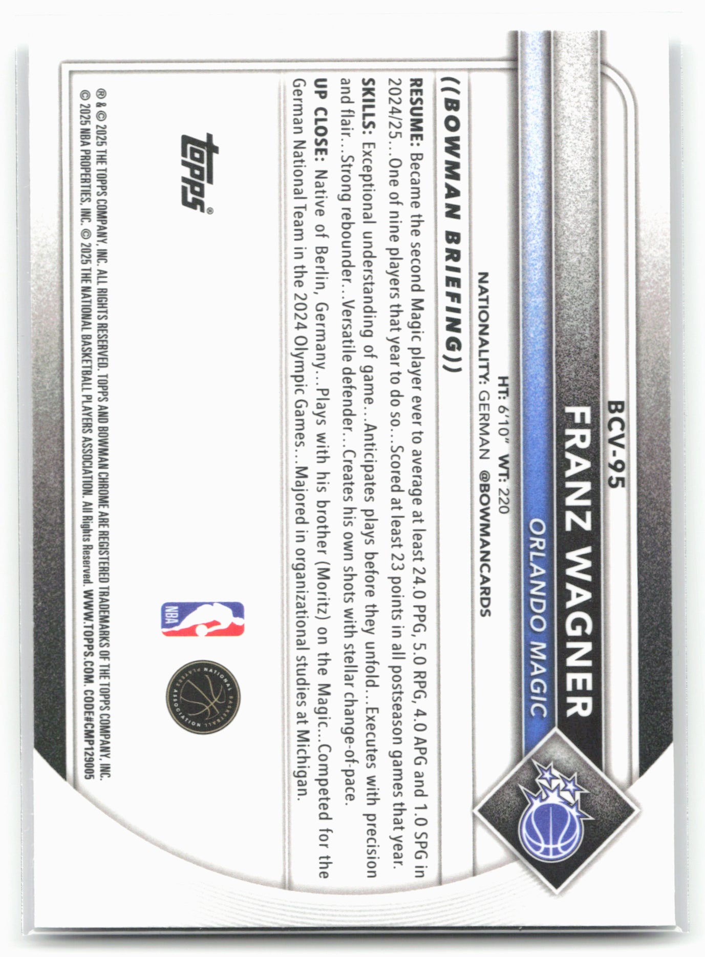 2025-26 Bowman #BCV-95 Franz Wagner Chrome Mojo Refractor