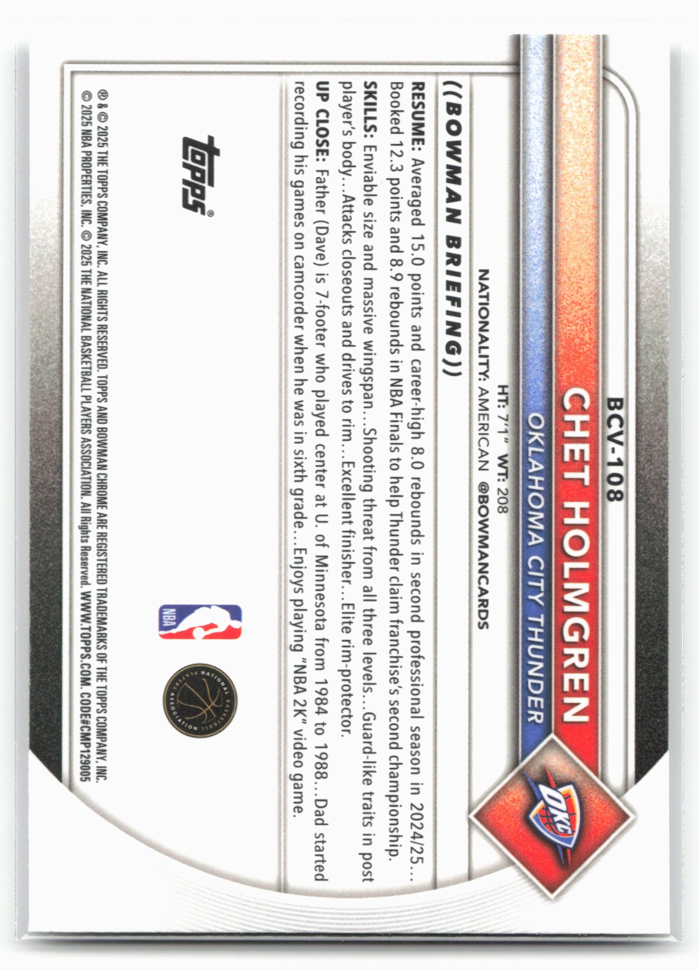 2025-26 Bowman #BCV-108 Chet Holmgren Chrome Mojo Refractor