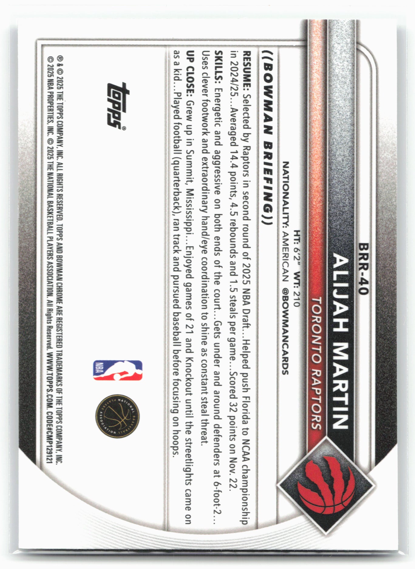 2025-26 Bowman #BRR-40 Alijah Martin Chrome Rookie Red RC Logo