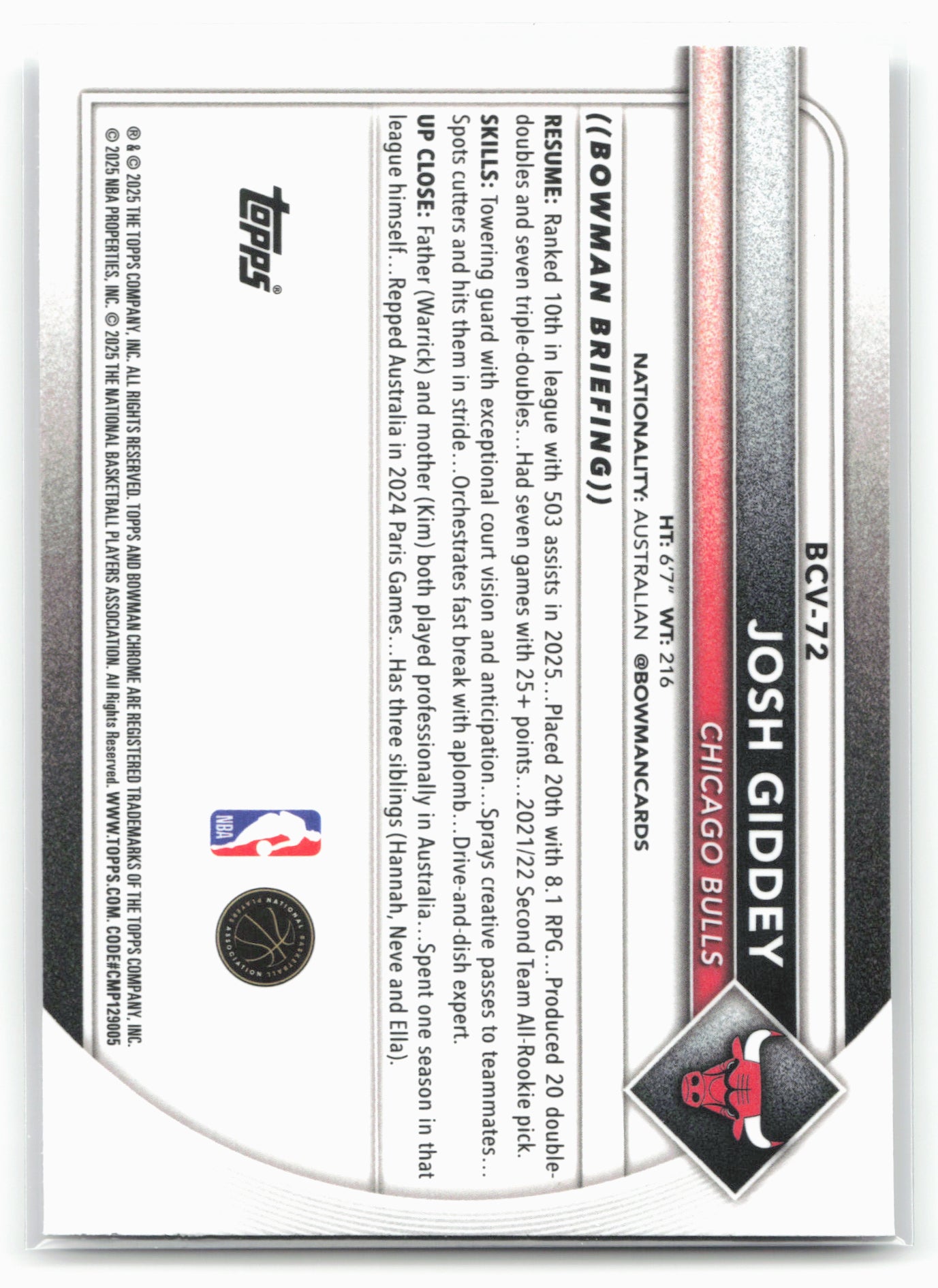 2025-26 Bowman #BCV-72 Josh Giddey Chrome Mojo Refractor