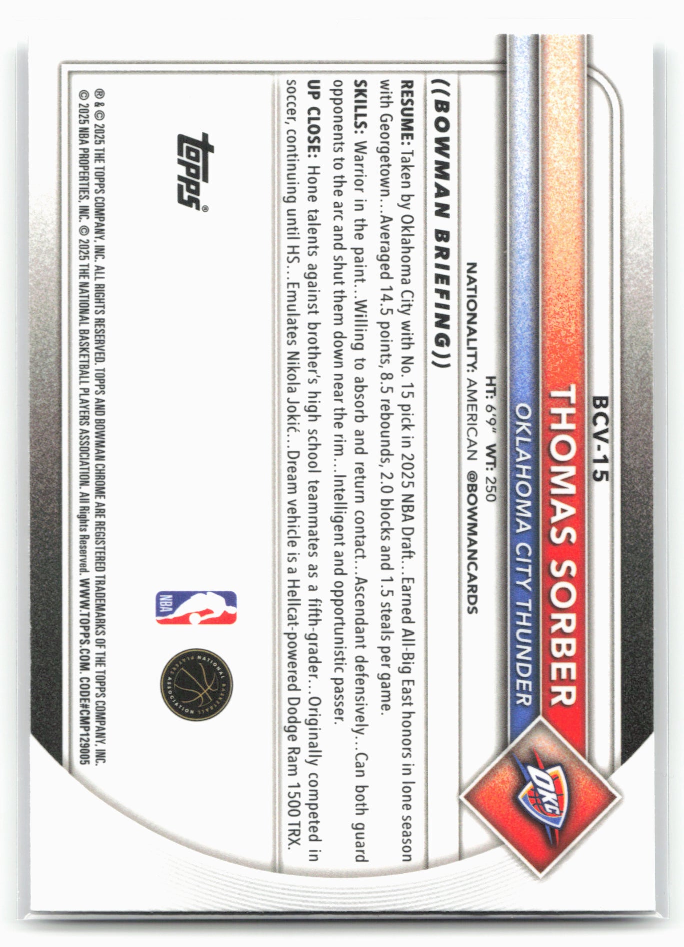 2025-26 Bowman #BCV-15 Thomas Sorber Chrome Mojo Refractor