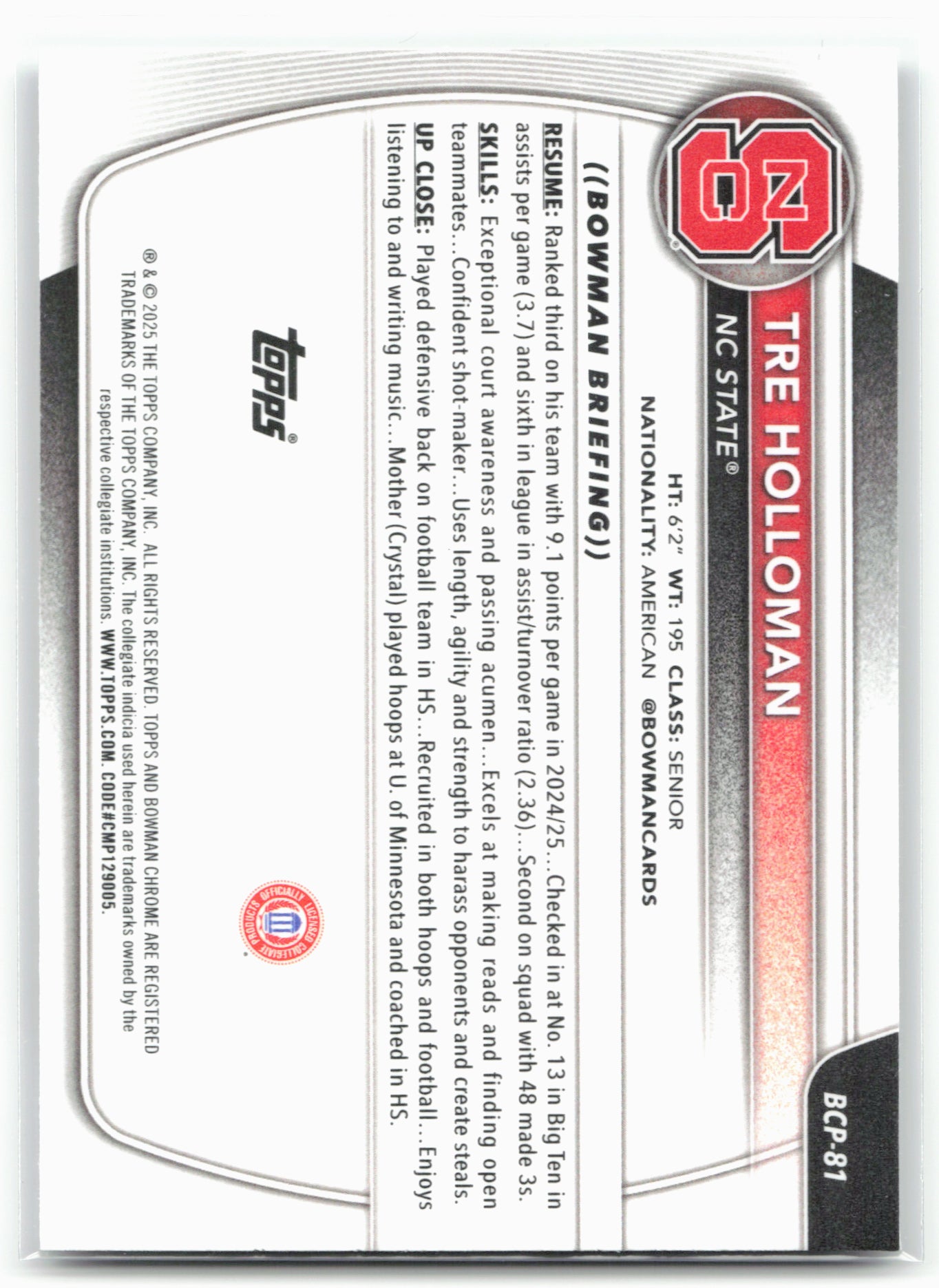 2025-26 Bowman #BCP-81 Tre Holloman Chrome Prospects Mojo Refractor