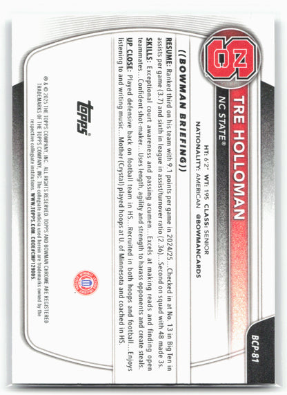 2025-26 Bowman #BCP-81 Tre Holloman Chrome Prospects Mojo Refractor