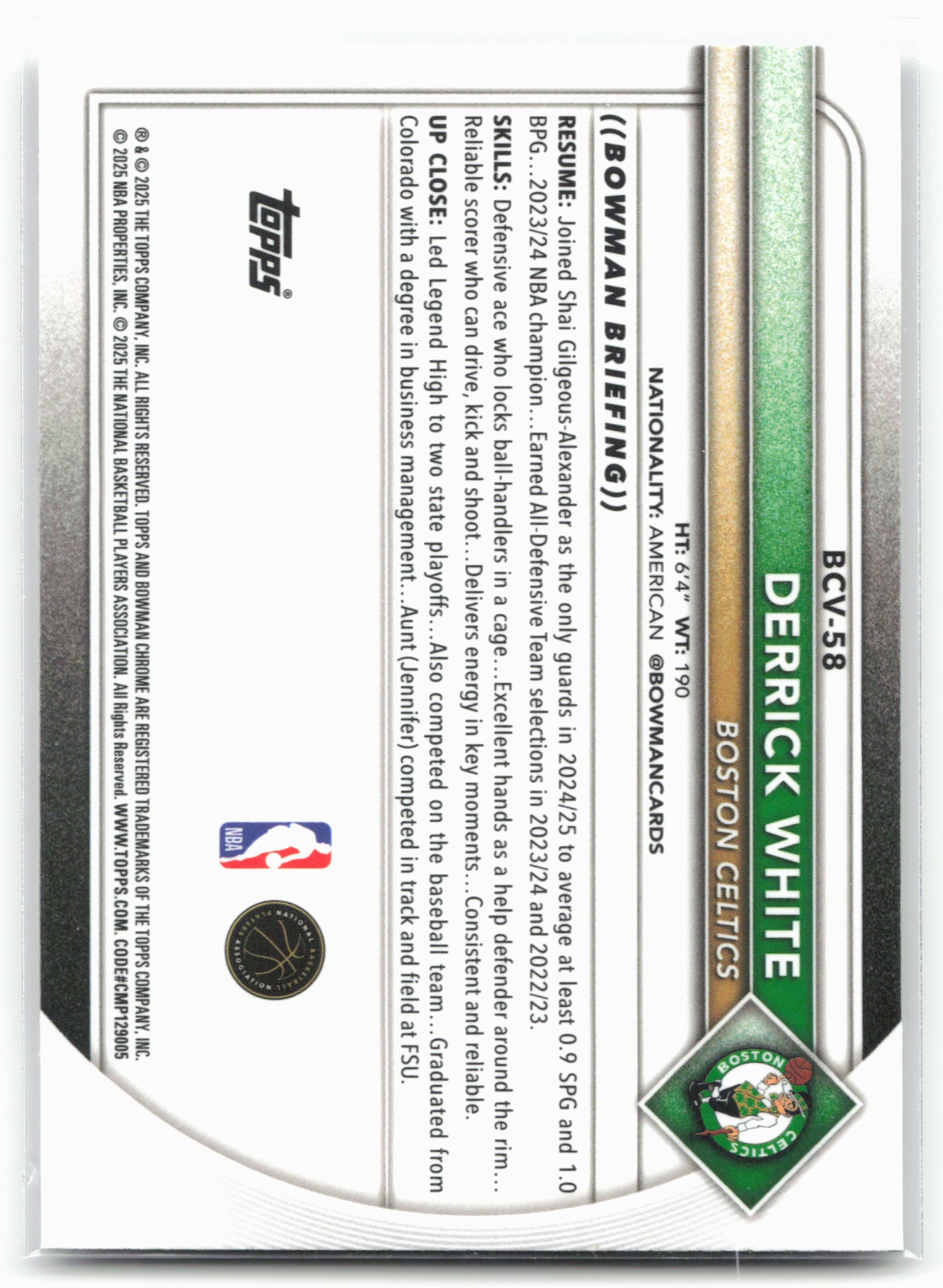 2025-26 Bowman #BCV-58 Derrick White Chrome 28775