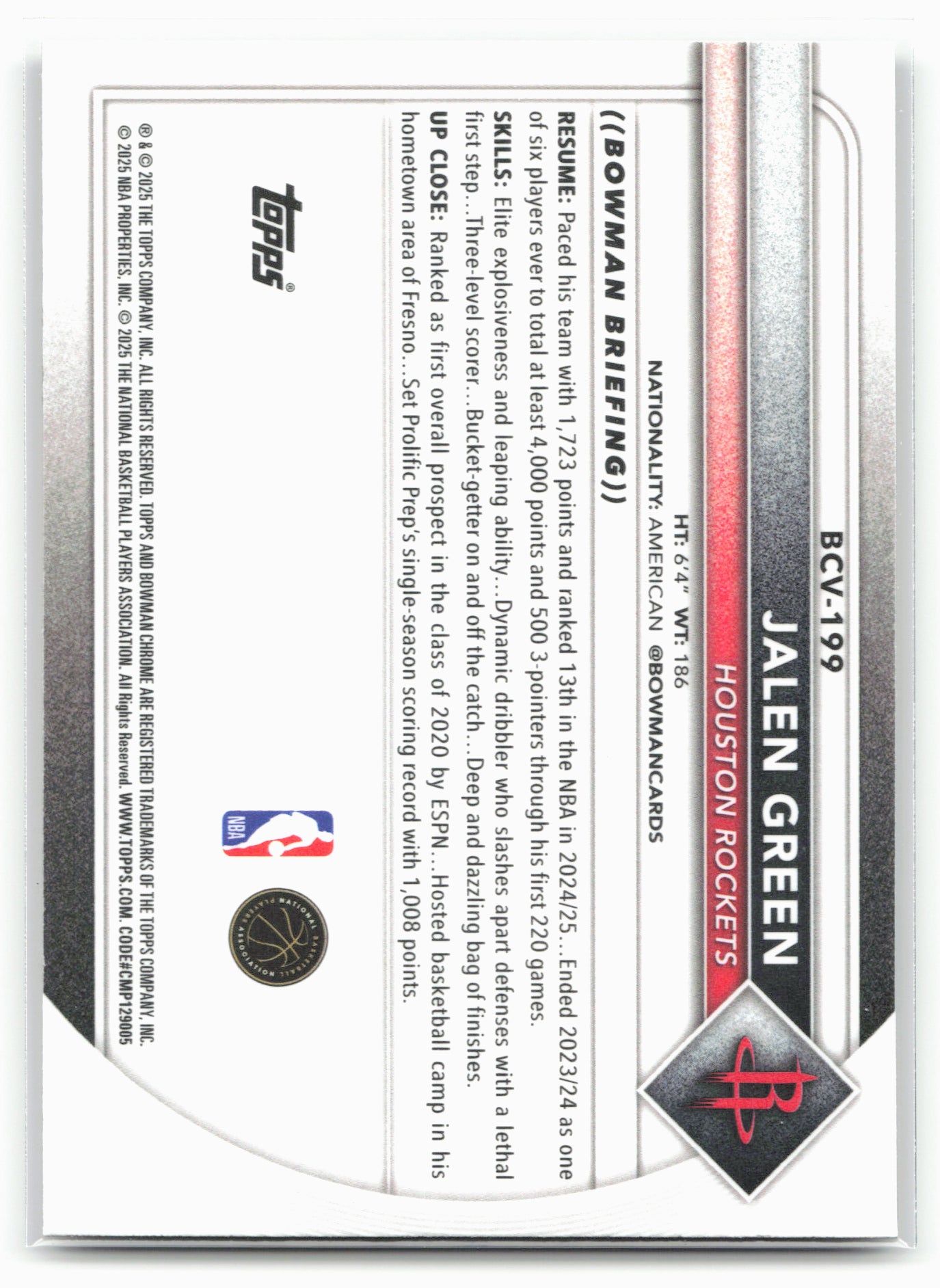 2025-26 Bowman #BCV-199 Jalen Green Chrome Reptilian Refractor 28777