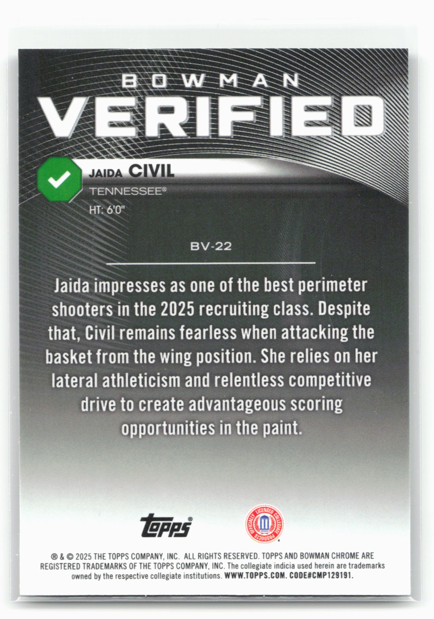 2025-26 Bowman #BV-22 Jaida Civil Bowman Verified 28785