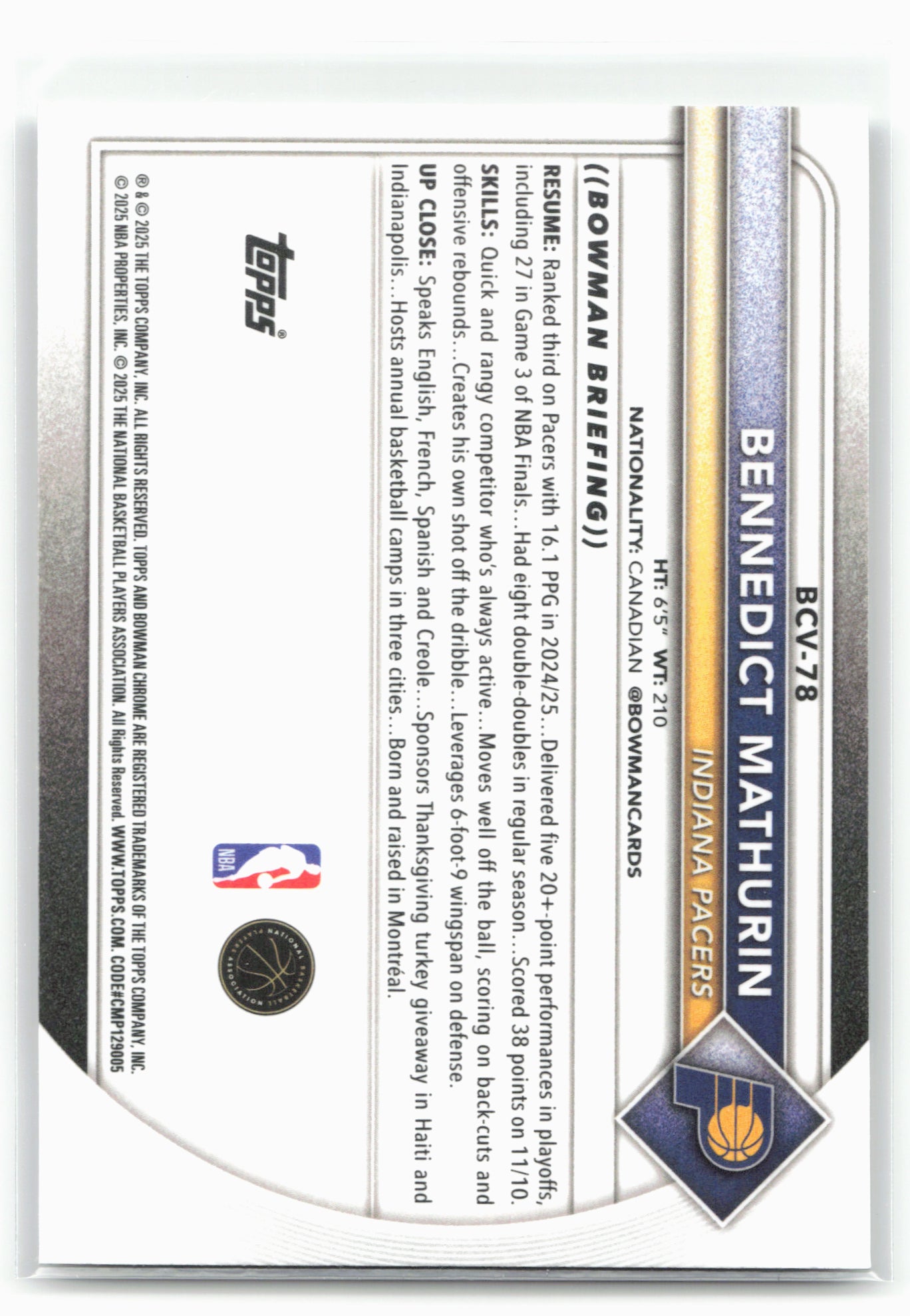 2025-26 Bowman #BCV-78 Bennedict Mathurin Chrome 28786