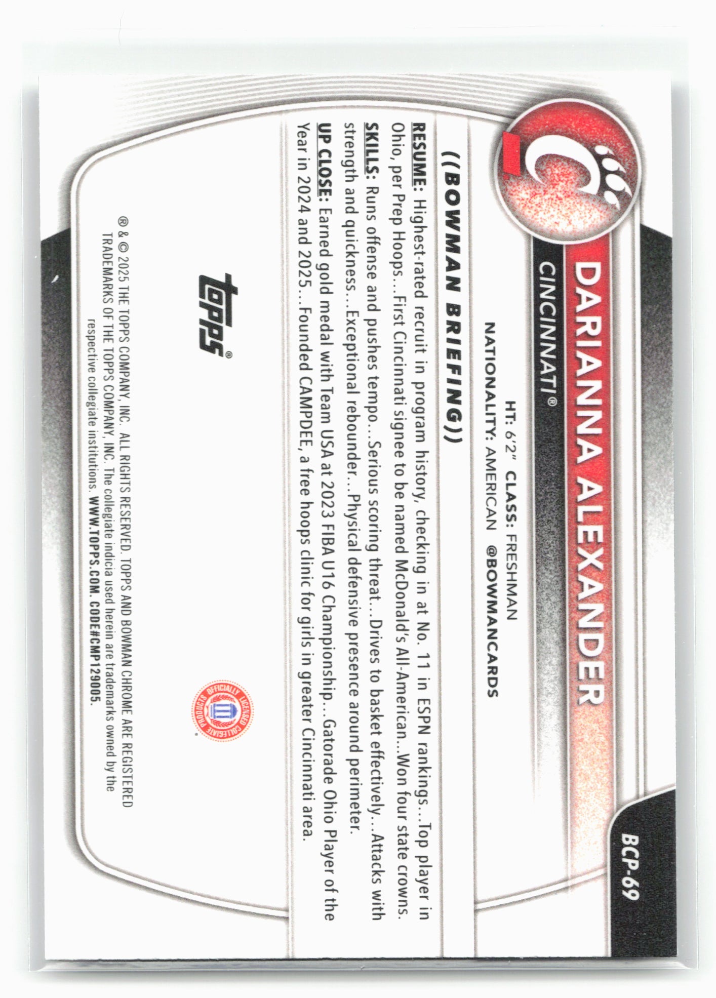 2025-26 Bowman #BCP-69 Darriana Alexander Chrome Prospects 28787