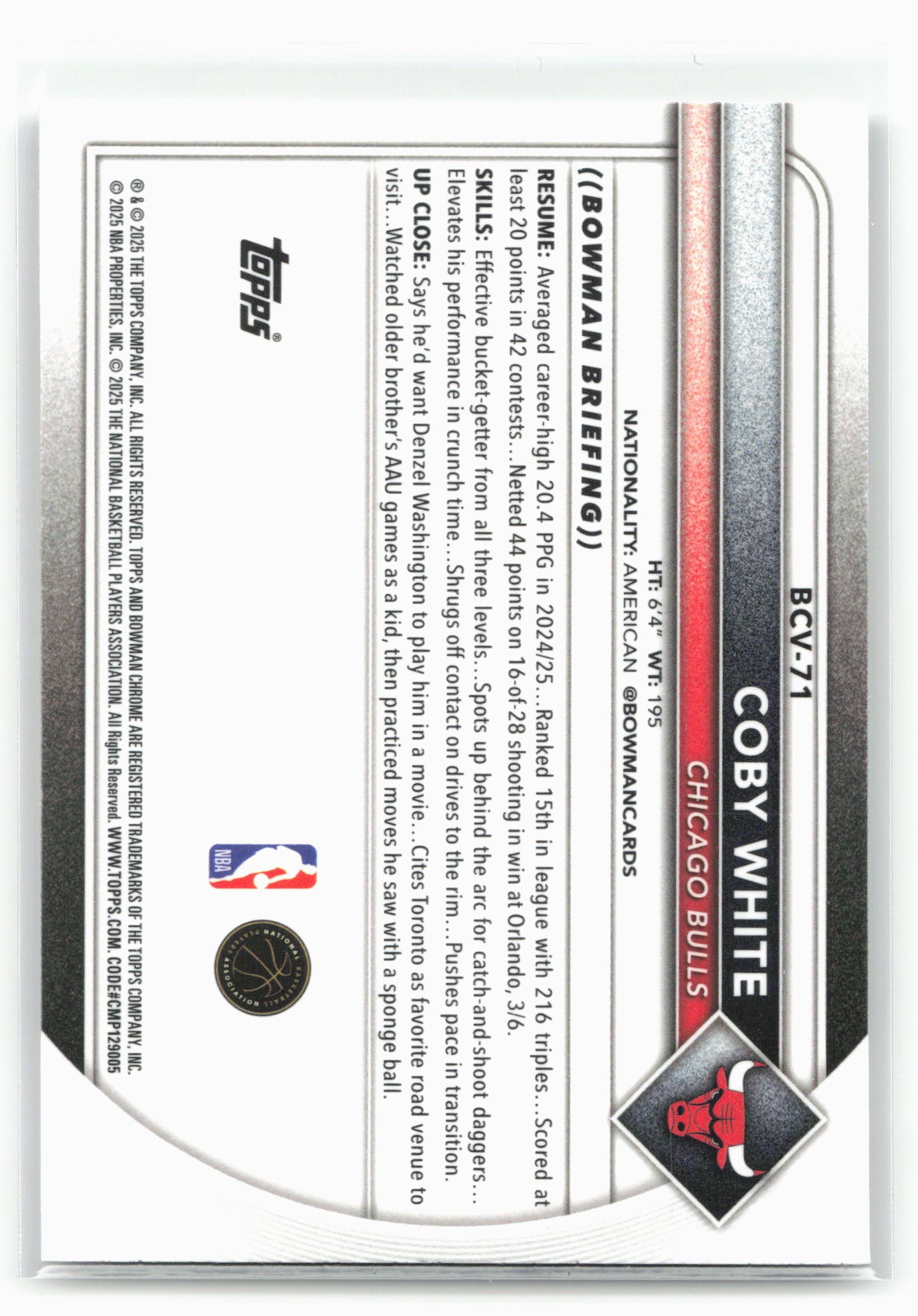 2025-26 Bowman #BCV-71 Coby White Chrome 28796