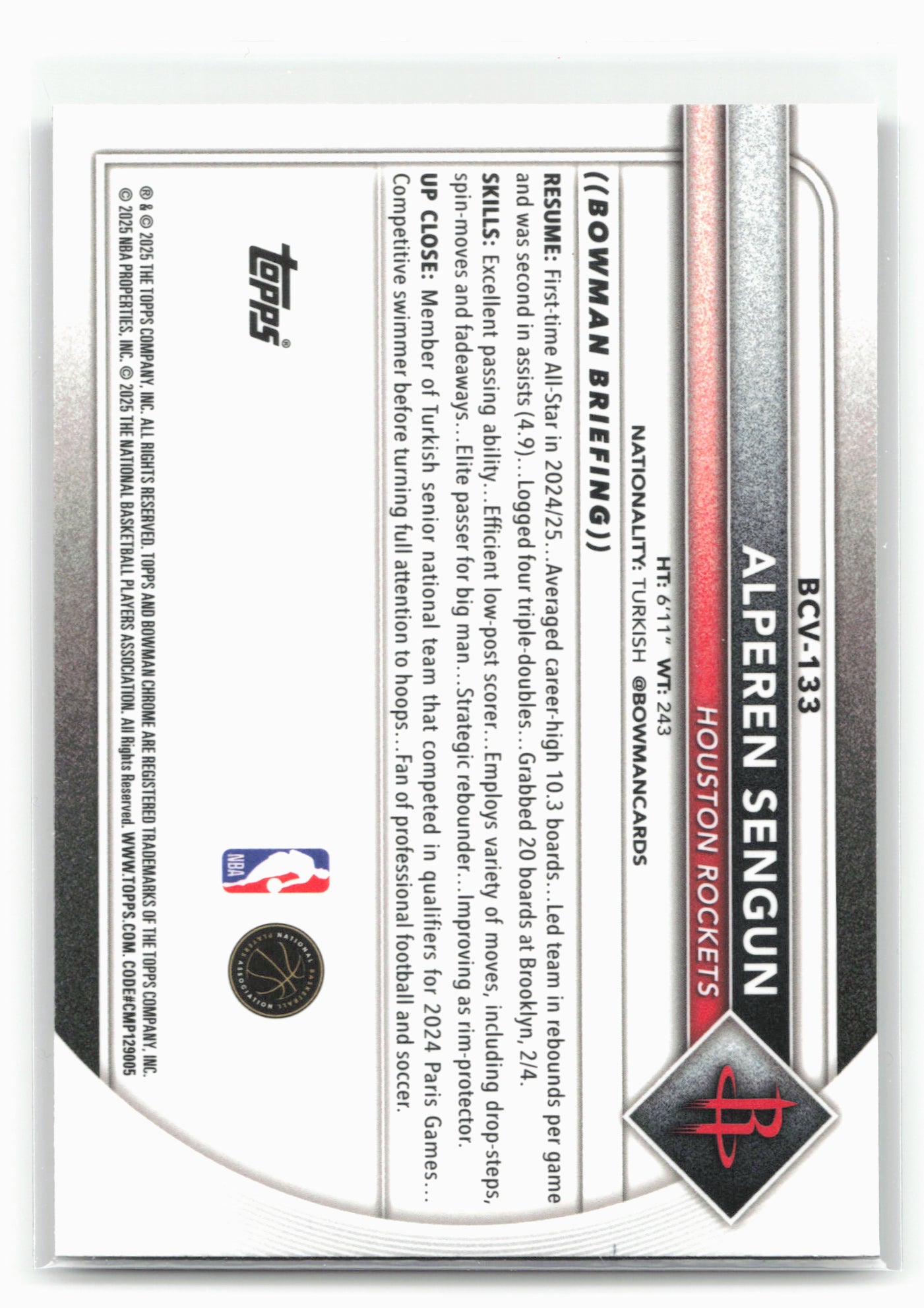 2025-26 Bowman #BCV-133 Alperen Sengun Chrome Reptilian Refractor 28798