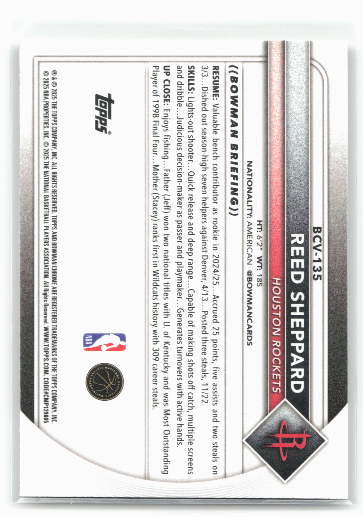 2025-26 Bowman #BCV-135 Reed Sheppard Chrome 28799
