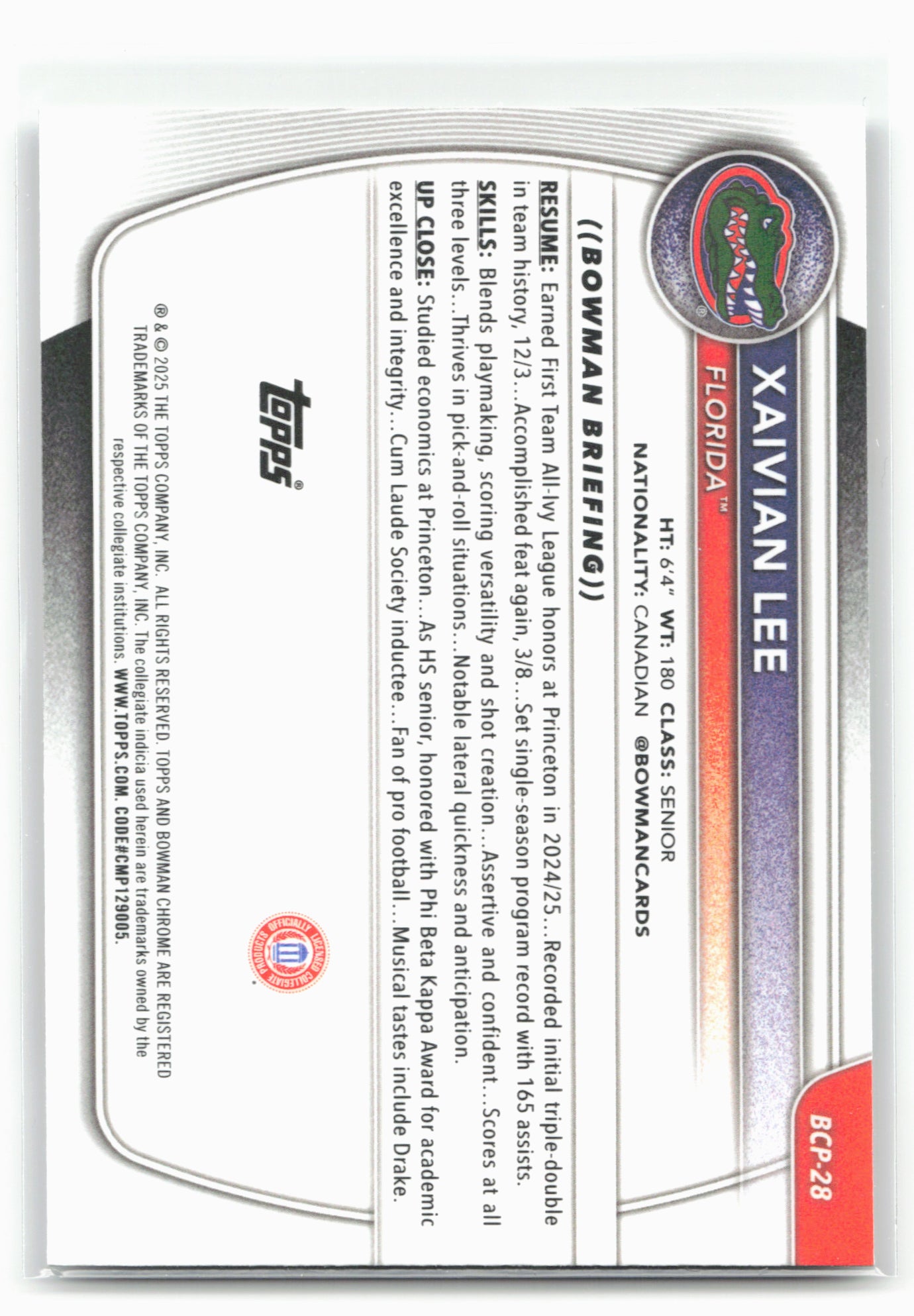 2025-26 Bowman #BCP-28 Xaivian Lee Chrome Prospects 28803