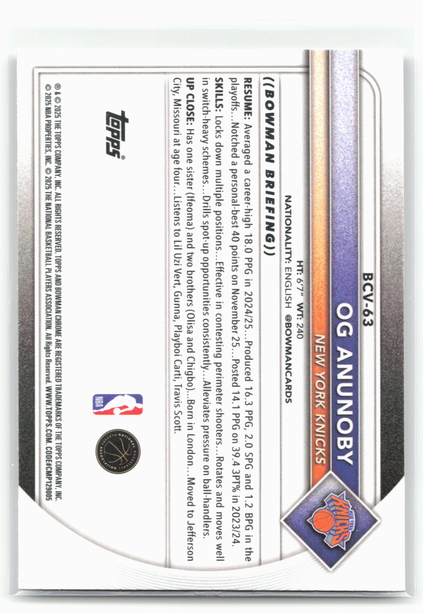2025-26 Bowman #BCV-63 OG Anunoby Chrome 28804