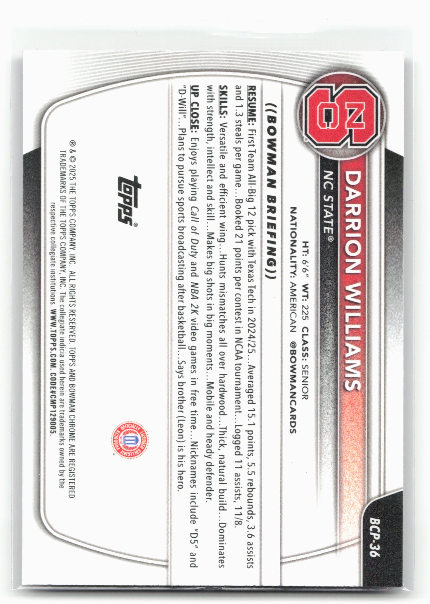 2025-26 Bowman #BCP-36 Darrion Williams Chrome Prospects Fuchsia Refractor #/199