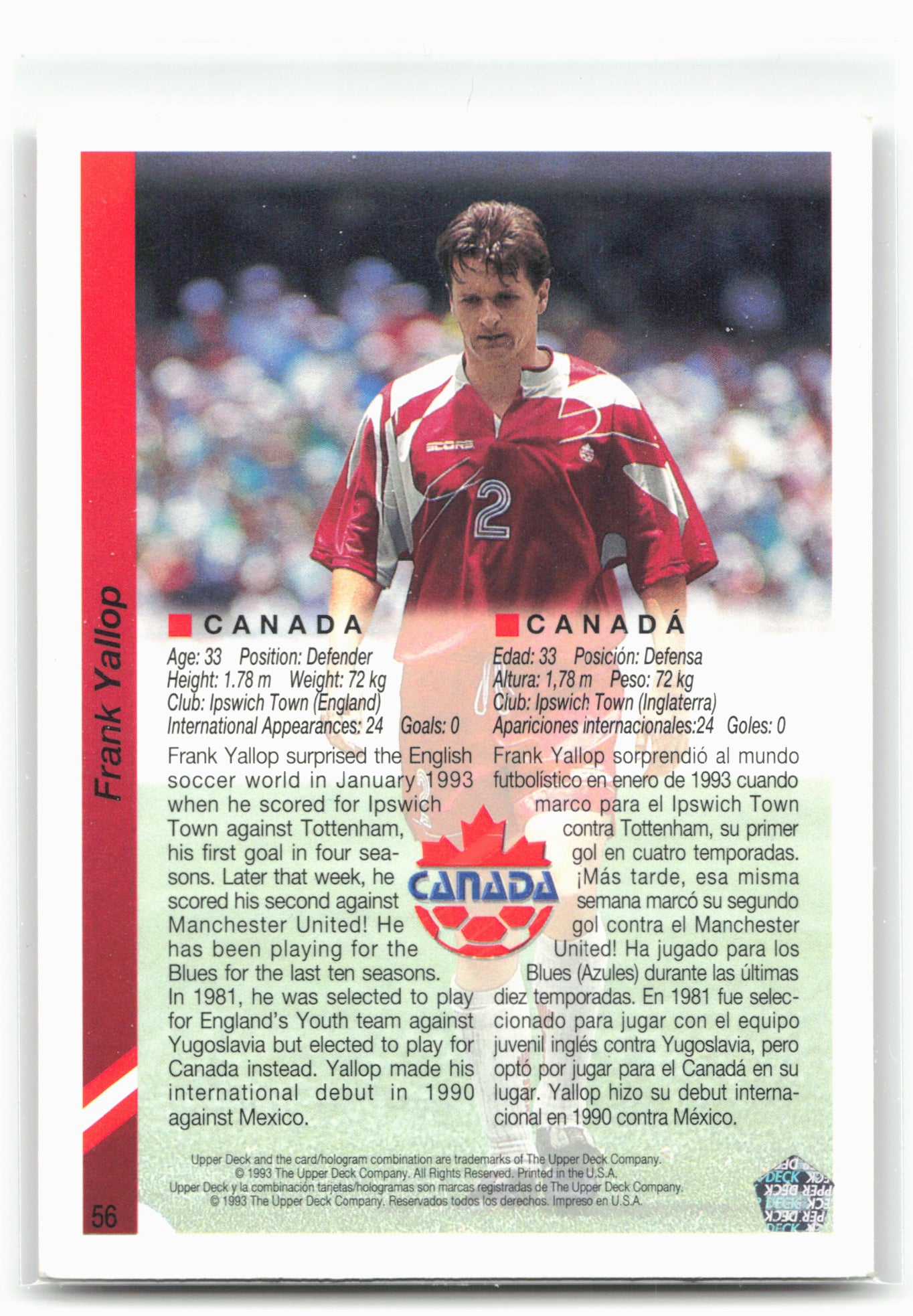 1993 Upper Deck World Cup Preview (English/Spanish) #56 Frank Yallop