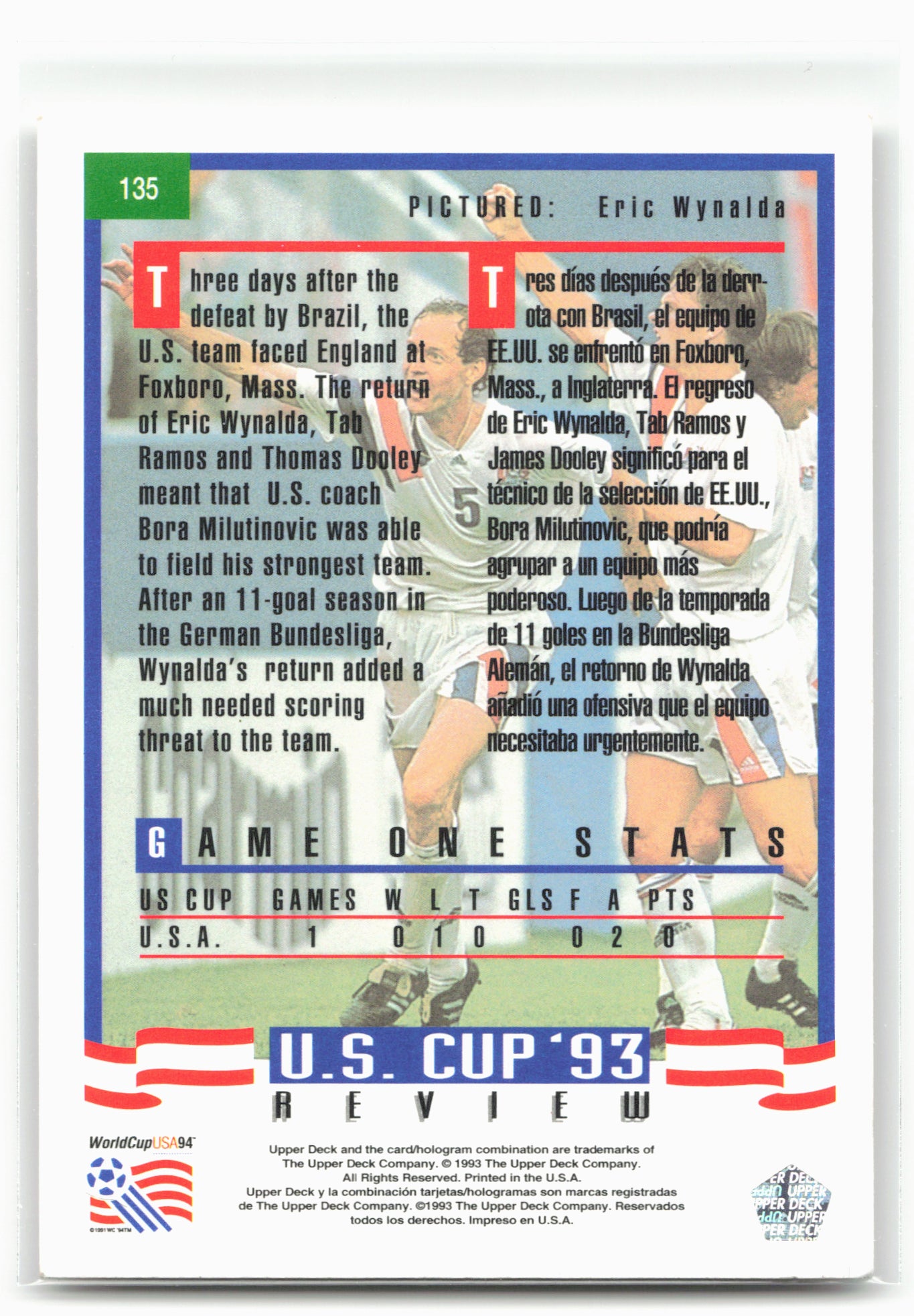 1993 Upper Deck World Cup Preview (English/Spanish) #135 Eric Wynalda