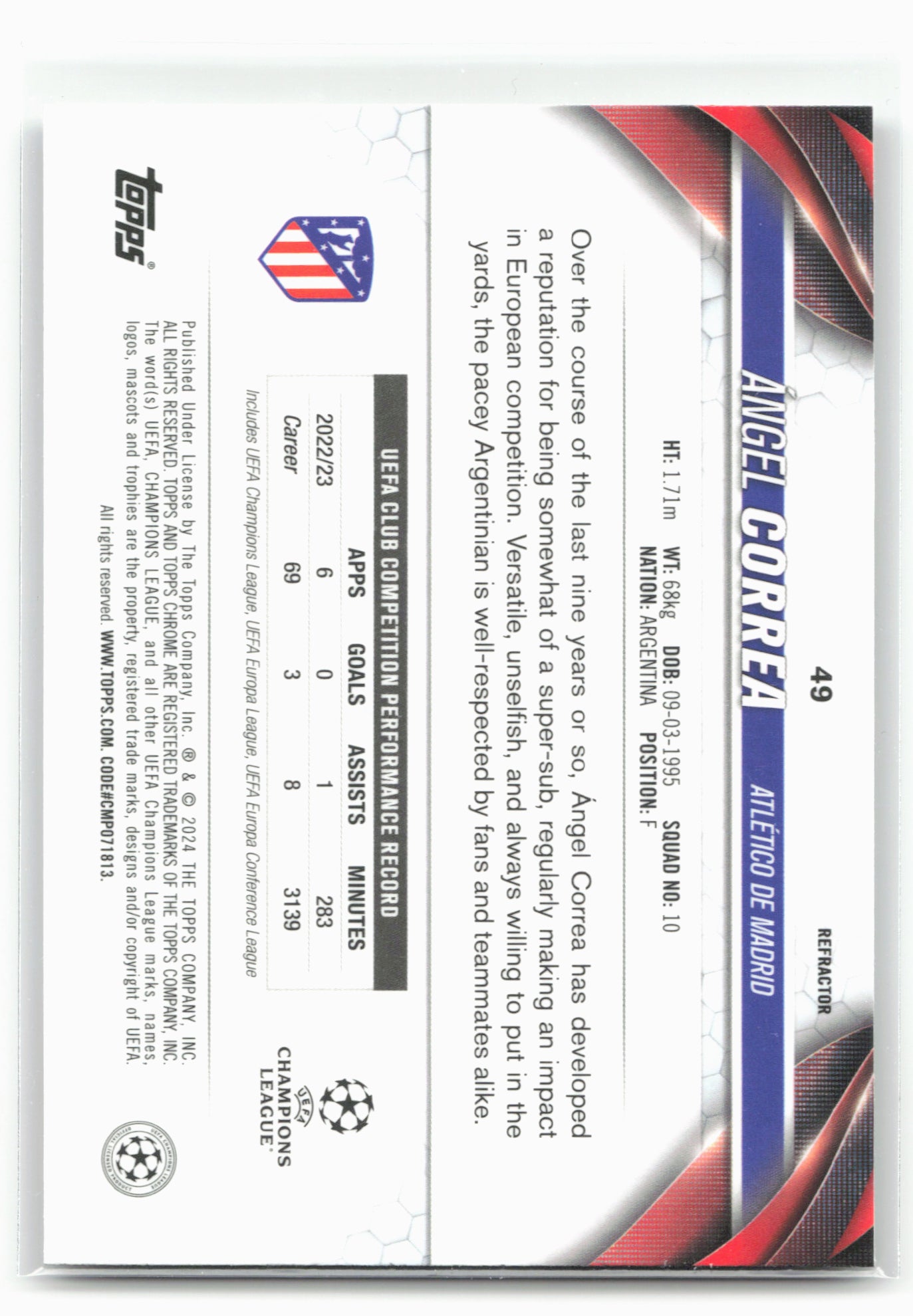 2023-24 Topps Chrome UEFA Club Competitions #49 Ángel Correa Refractor