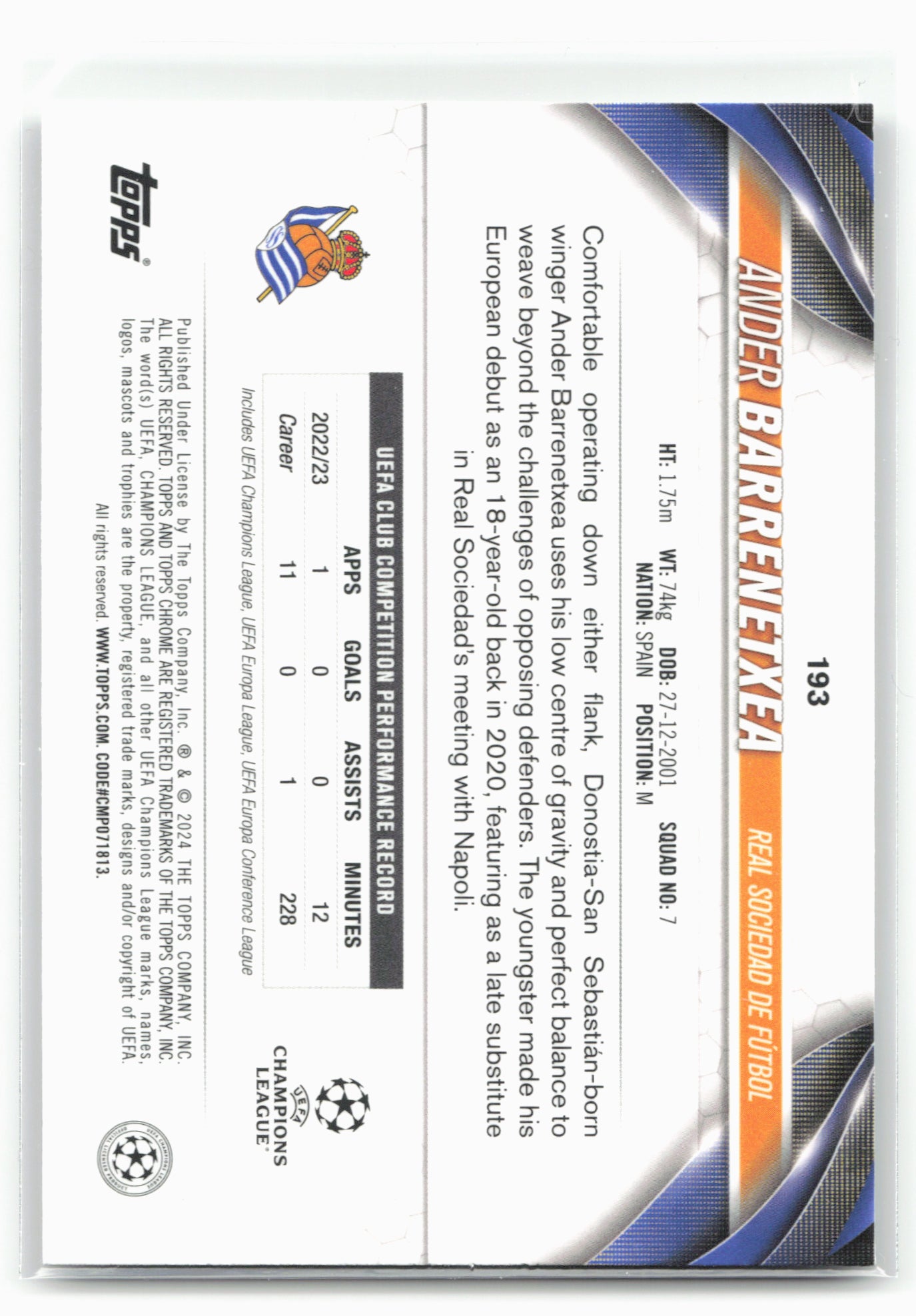2023-24 Topps Chrome UEFA Club #193 Ander Barrenetxea Prism Refractor