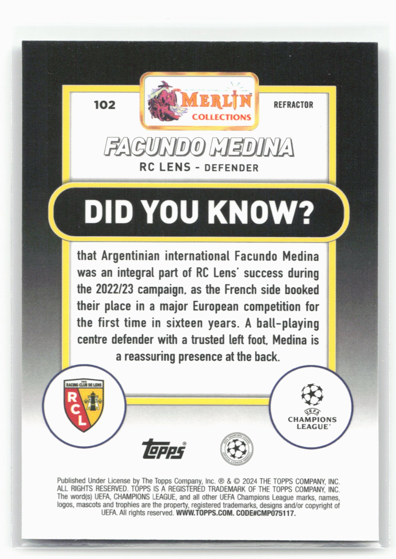 2023-24 Merlin UEFA Club Competitions #102 Facundo Medina Refractor