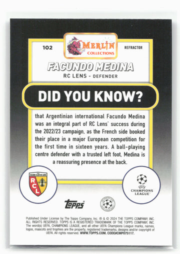 2023-24 Merlin UEFA Club Competitions #102 Facundo Medina Refractor