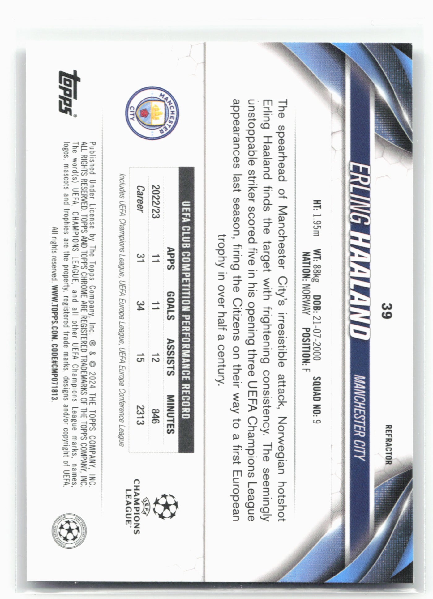 2023-24 Topps Chrome UEFA Club Competitions #39 Erling Haaland Refractor 28828