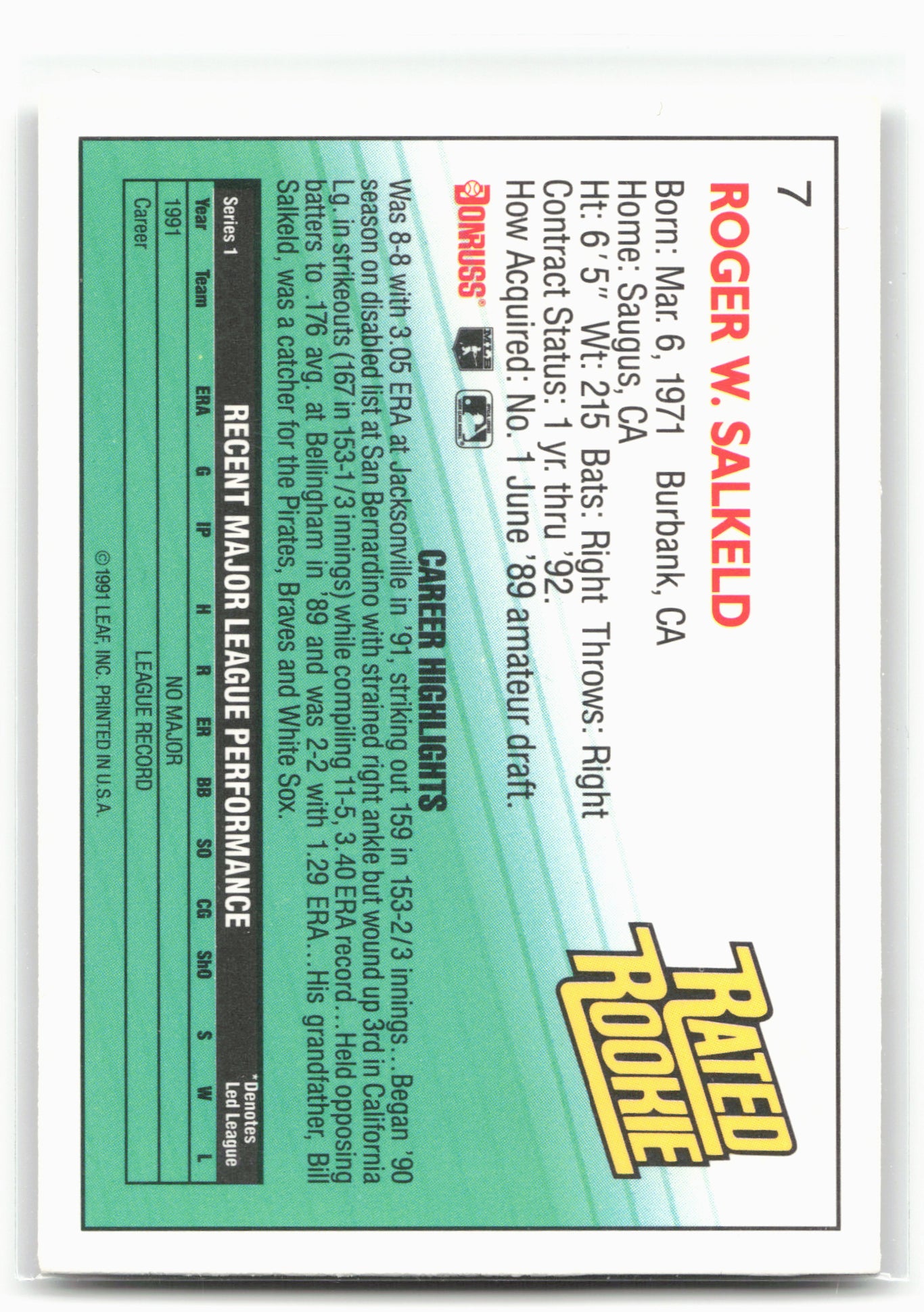 1992 Donruss #7b Roger Salkeld