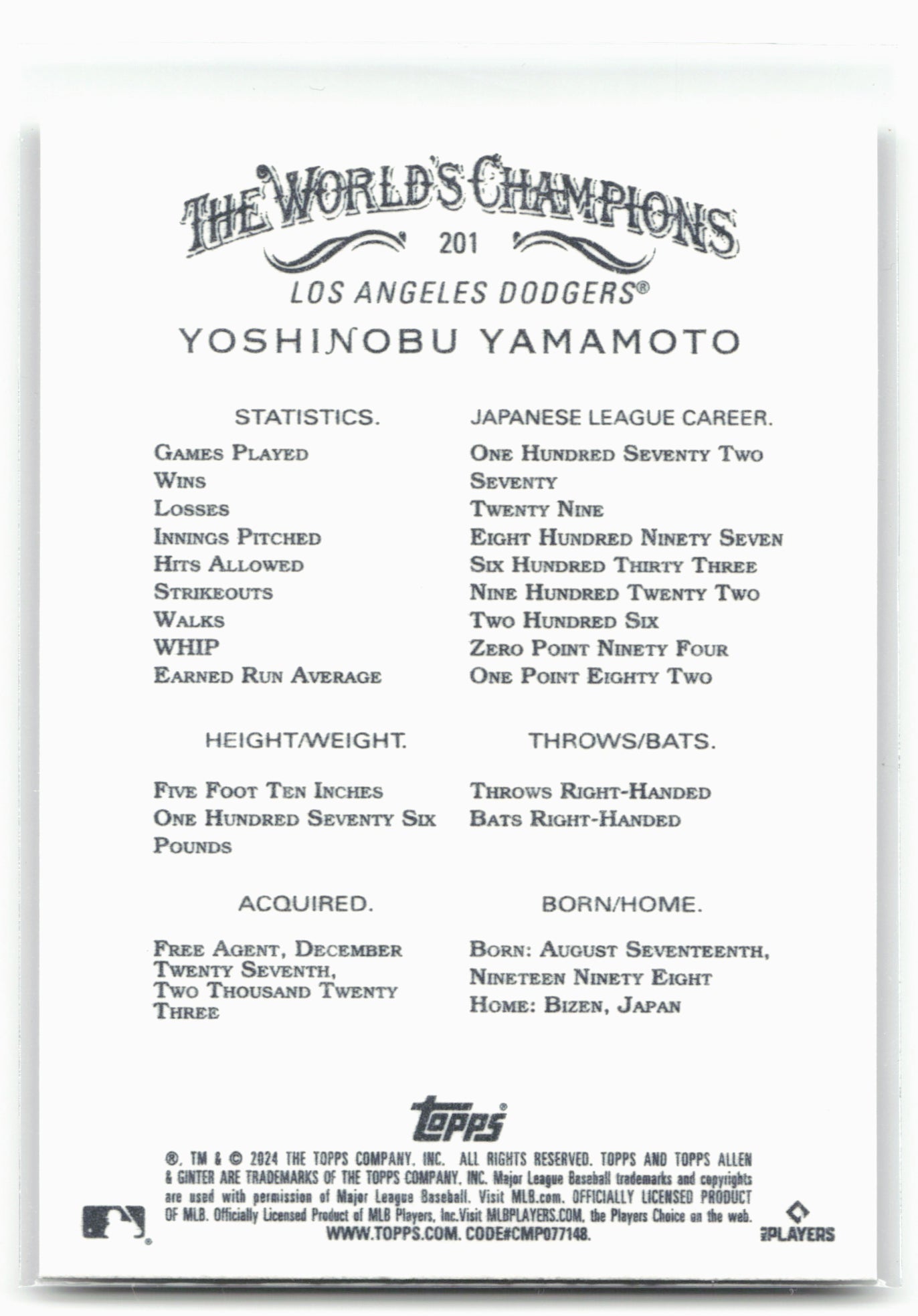 2024 Topps Allen & Ginter #201 Yoshinobu Yamamoto 28870