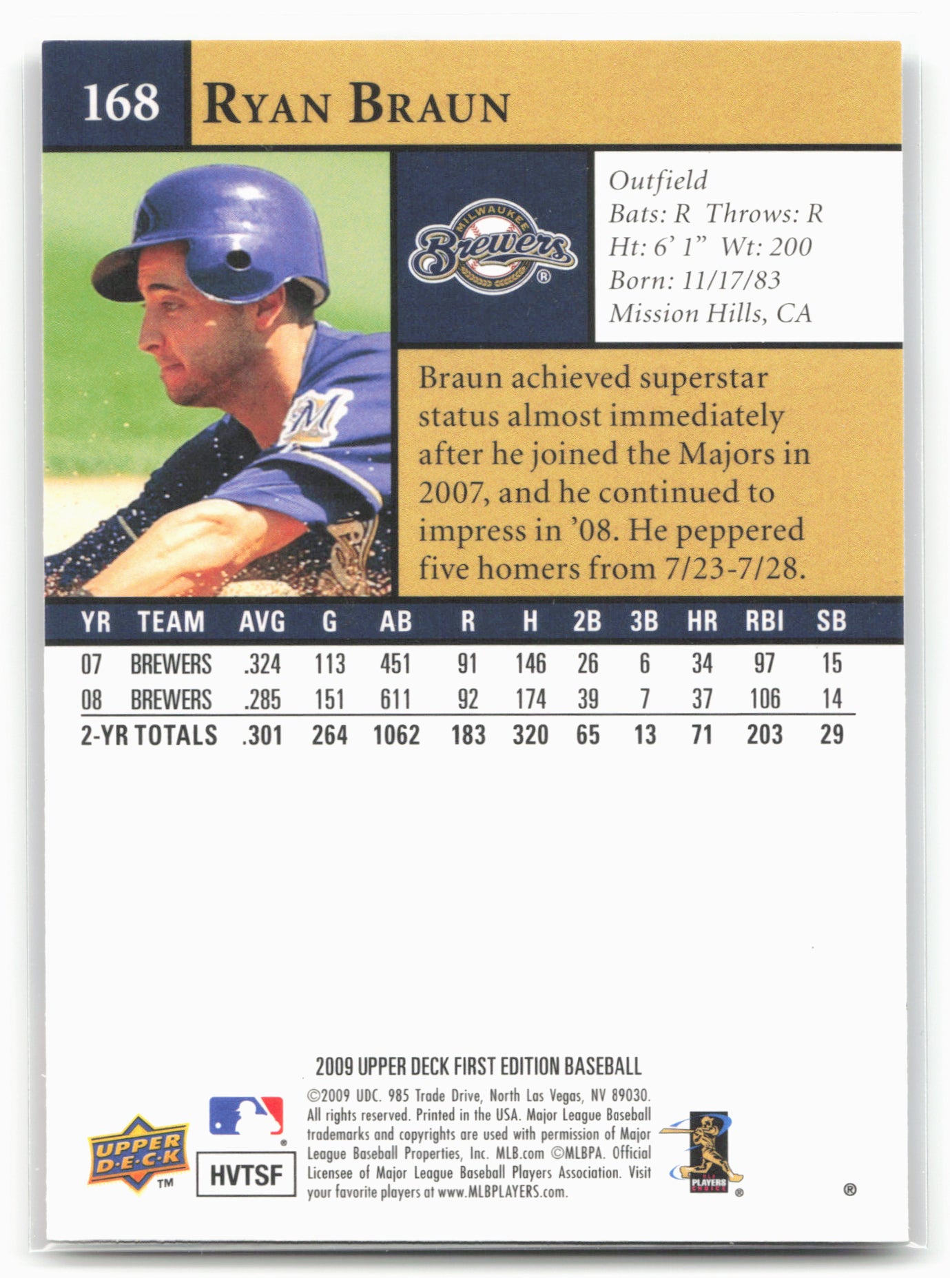 2009 Upper Deck First Edition #168 Ryan Braun 28876