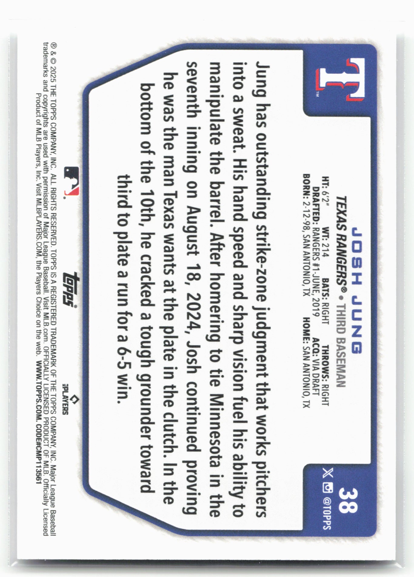 2025 Topps #38 Josh Jung Flagship Collection (Series Two)