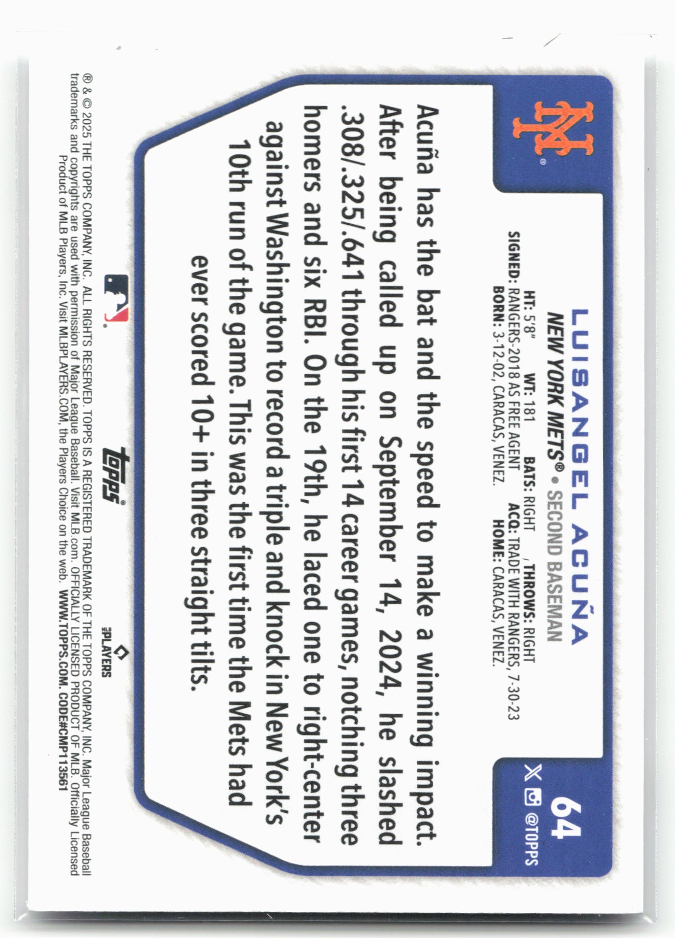 2025 Topps #64 Luisangel Acuna Flagship Collection (Series Two)