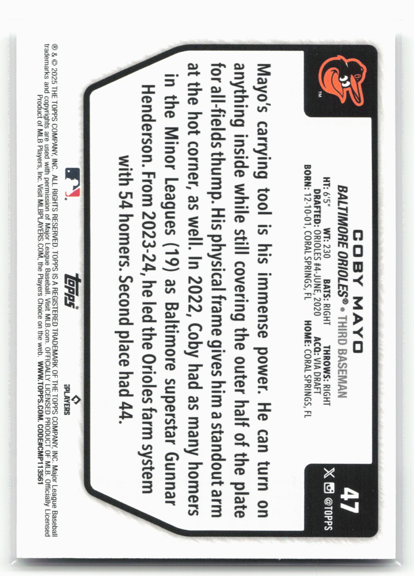 2025 Topps #47 Coby Mayo Flagship Collection (Series Two)