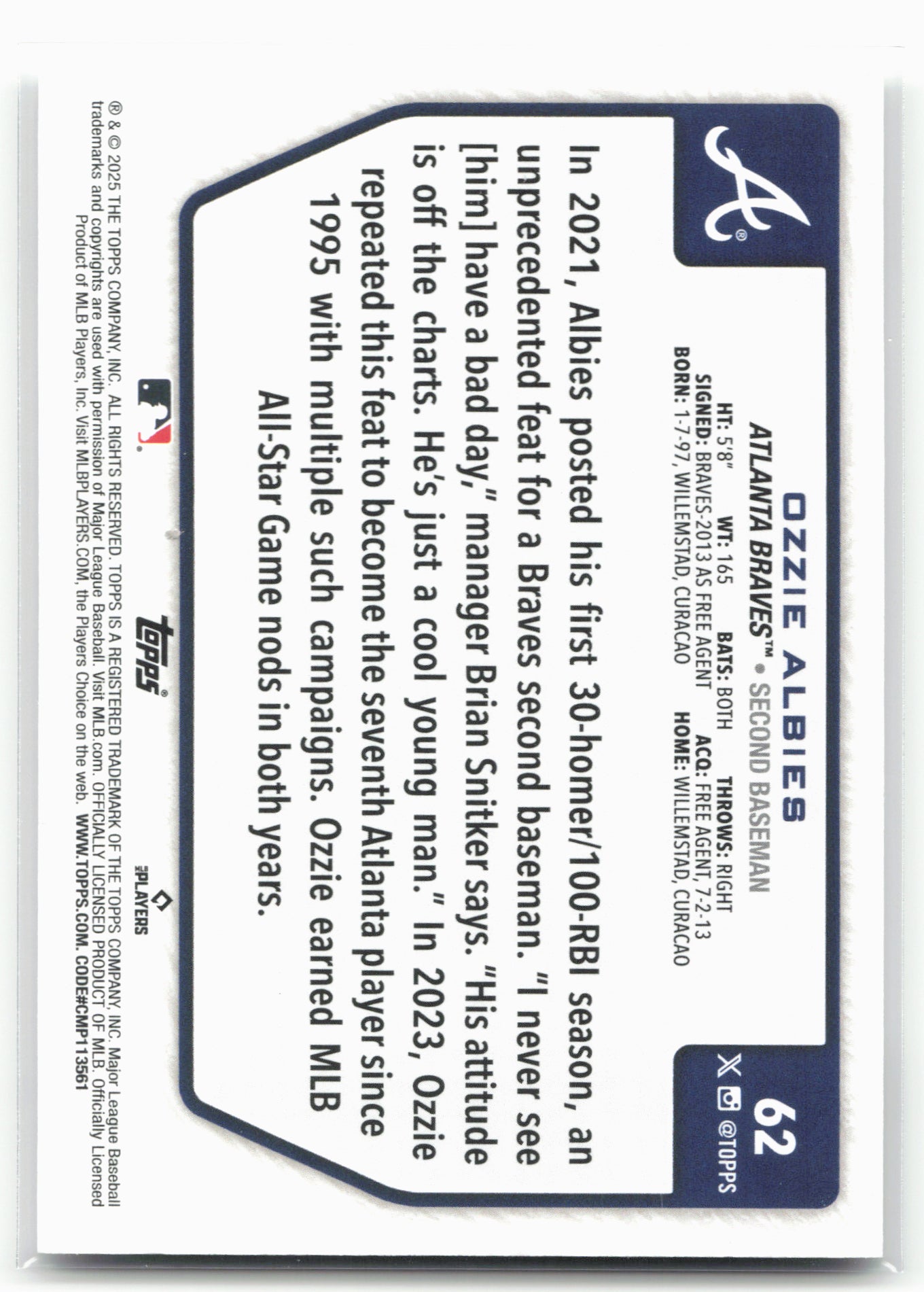 2025 Topps #62 Ozzie Albies Flagship Collection (Series Two)