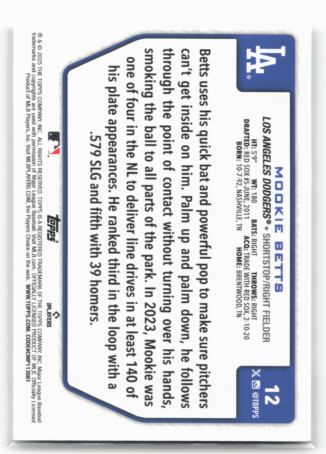 2025 Topps #12 Mookie Betts Flagship Collection (Series Two)