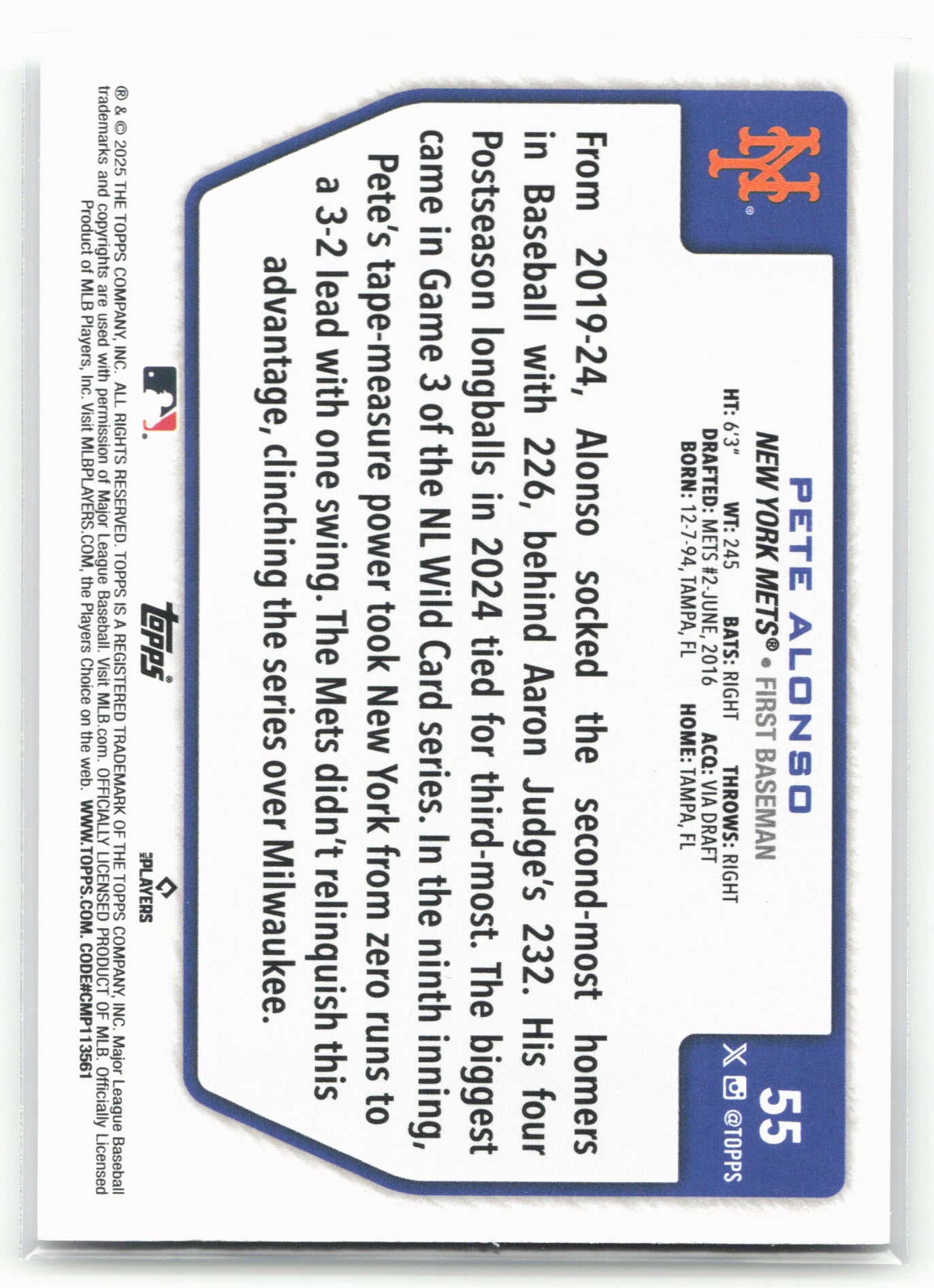 2025 Topps #55 Pete Alonso Flagship Collection (Series Two)