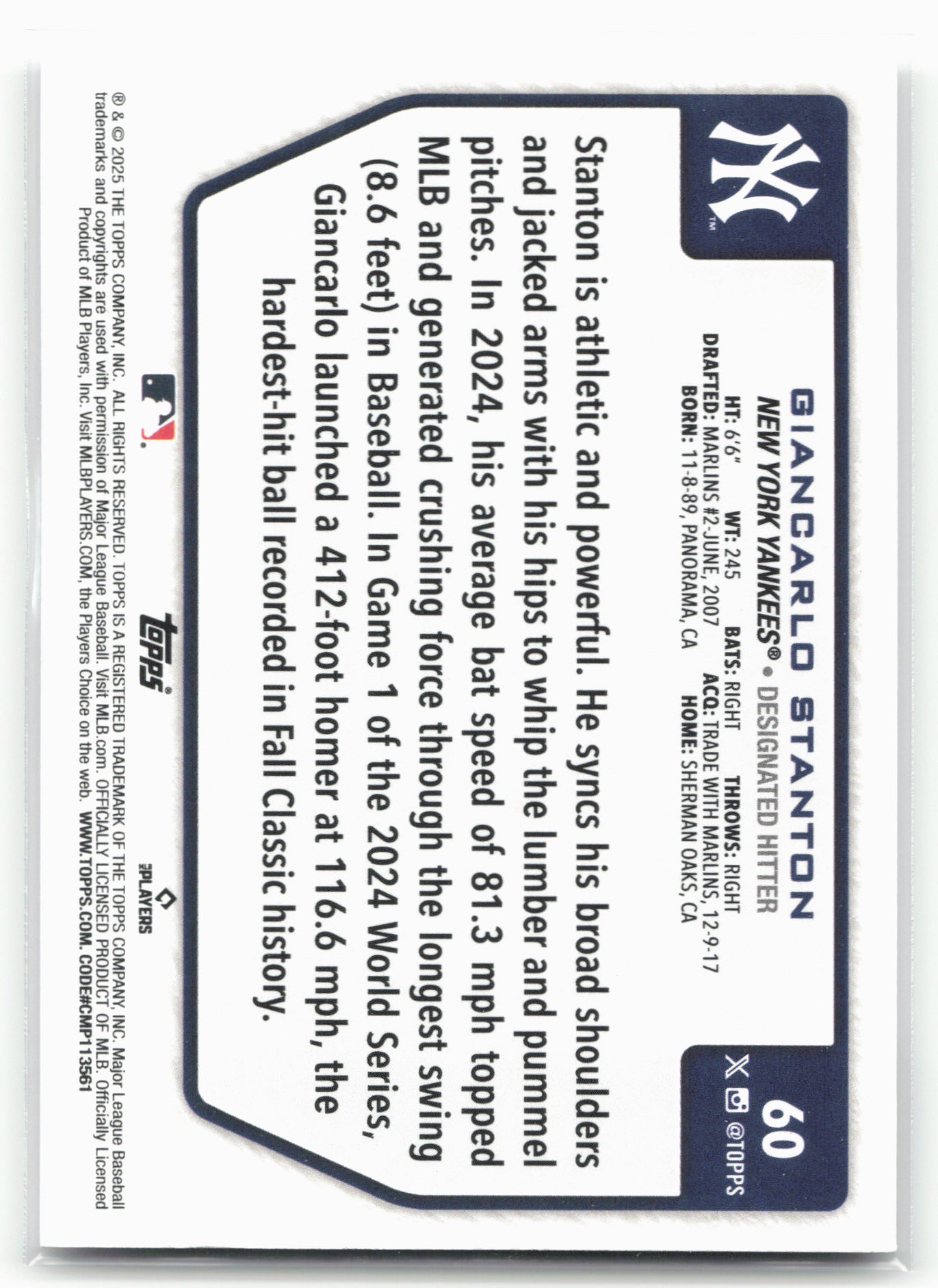 2025 Topps #60 Giancarlo Stanton Flagship Collection (Series Two)