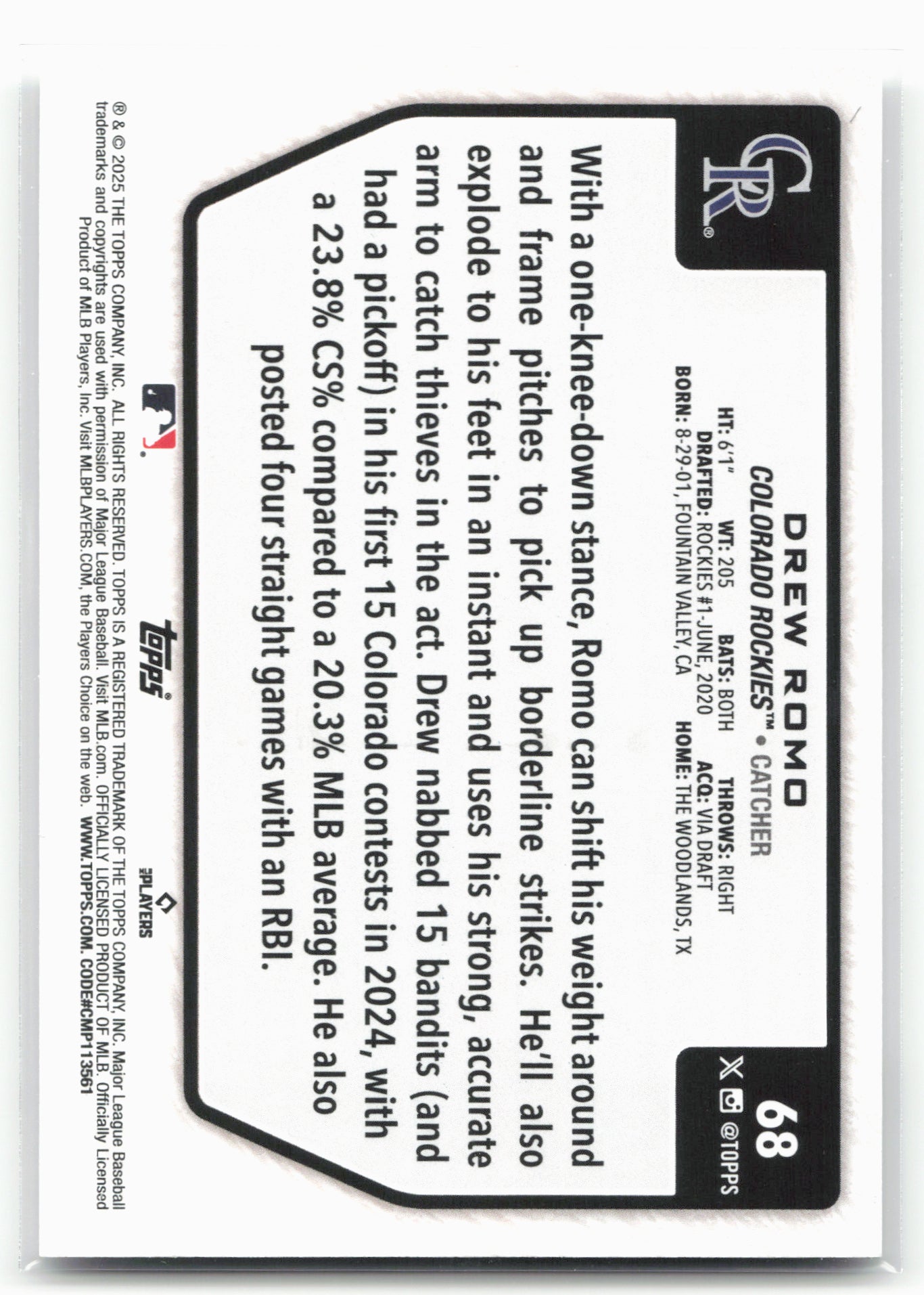 2025 Topps #68 Drew Romo Flagship Collection (Series Two) 28903