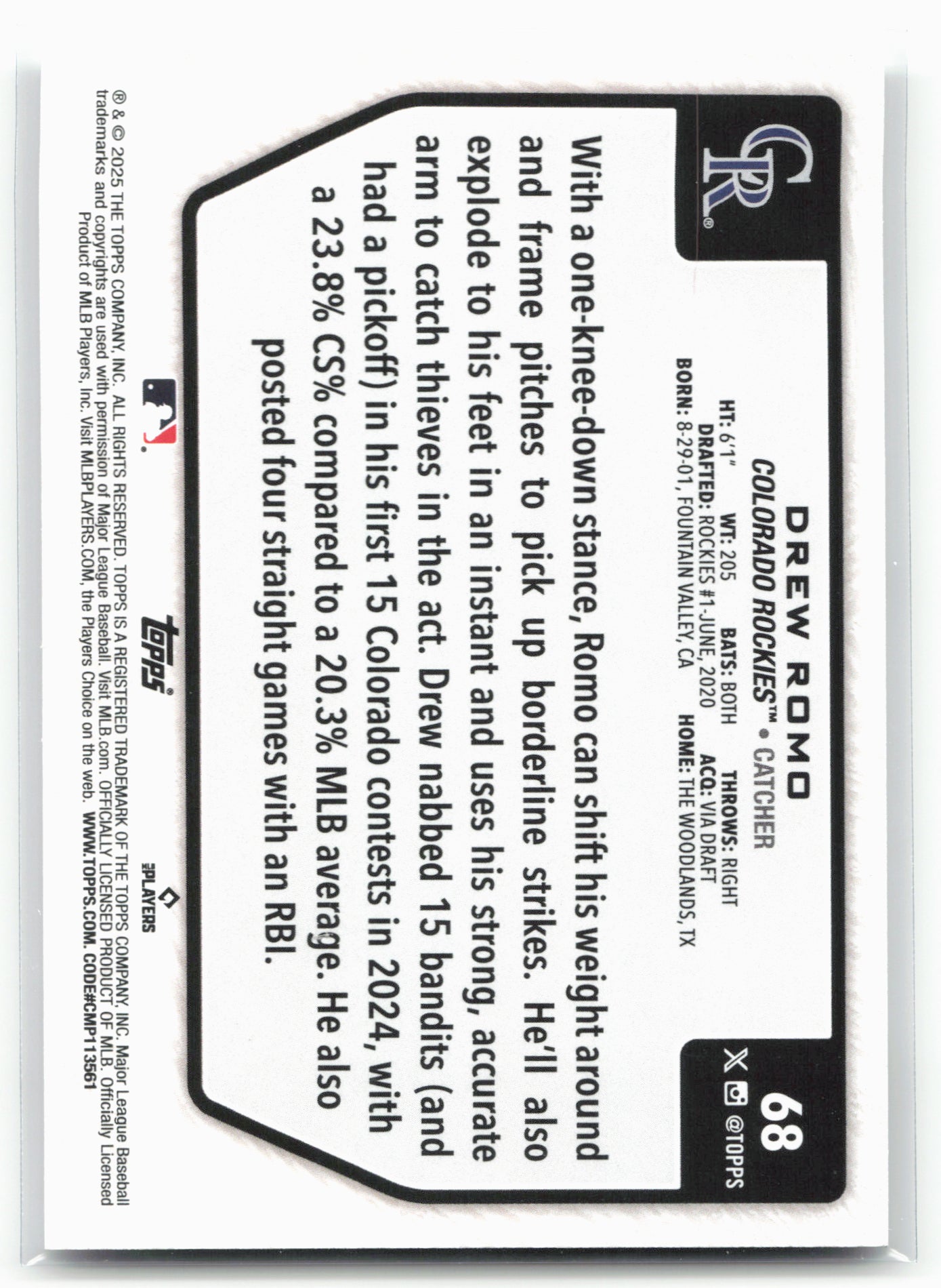 2025 Topps #68 Drew Romo Flagship Collection (Series Two)