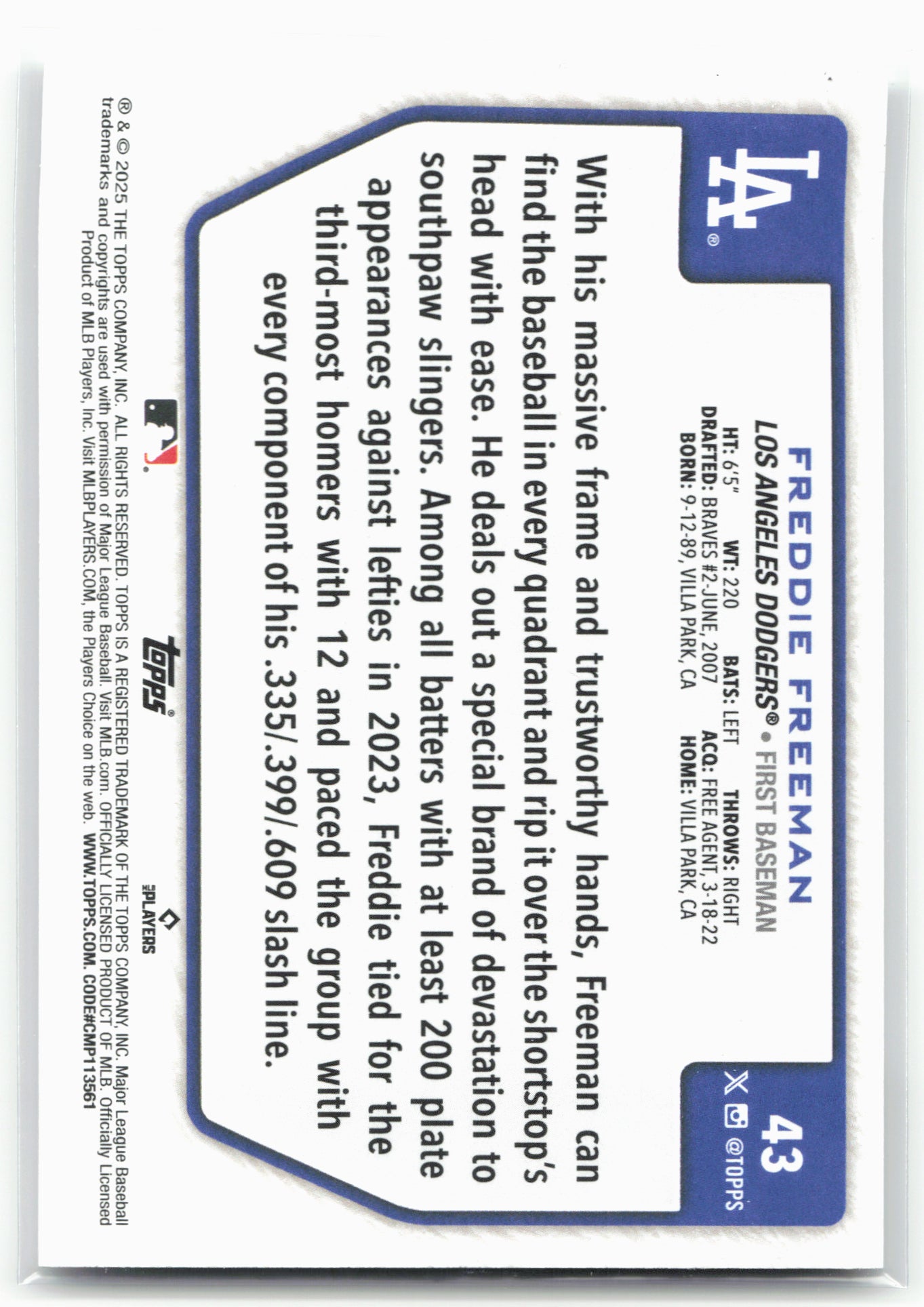 2025 Topps #43 Freddie Freeman Flagship Collection (Series Two)