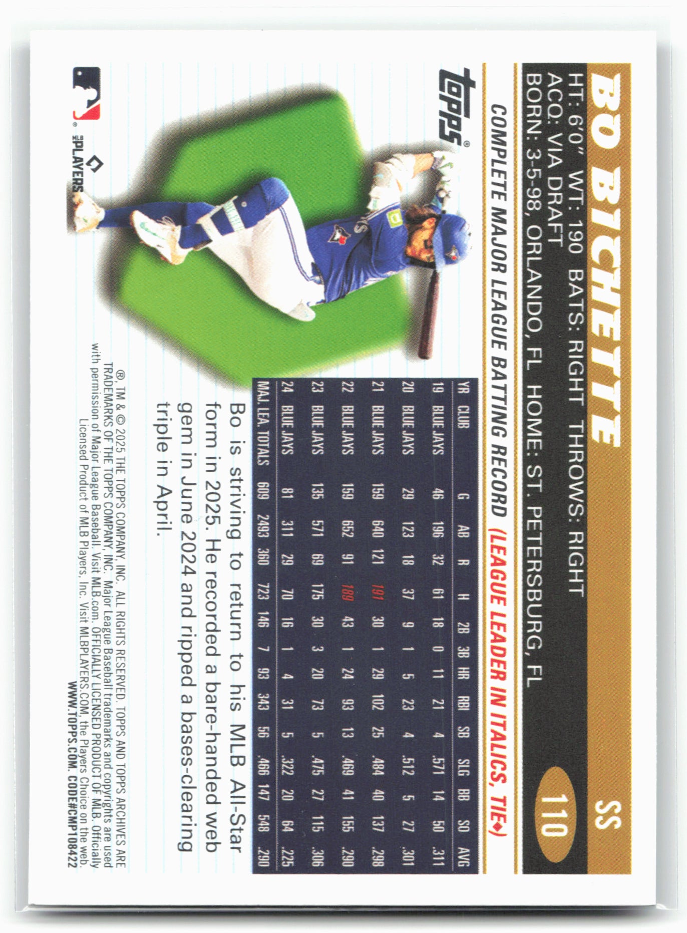 2025 Topps Archives #110 Bo Bichette Black Foilboard