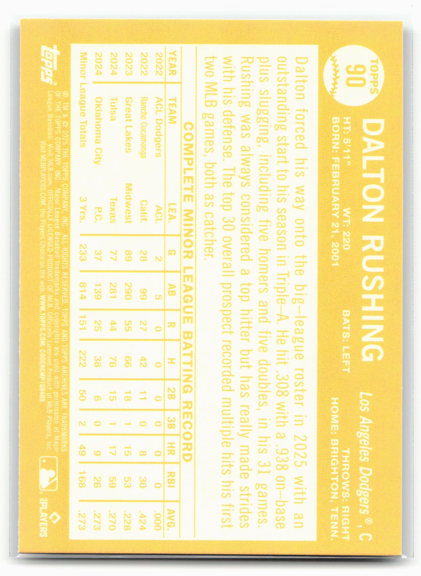 2025 Topps Archives #90 Dalton Rushing Black Foilboard