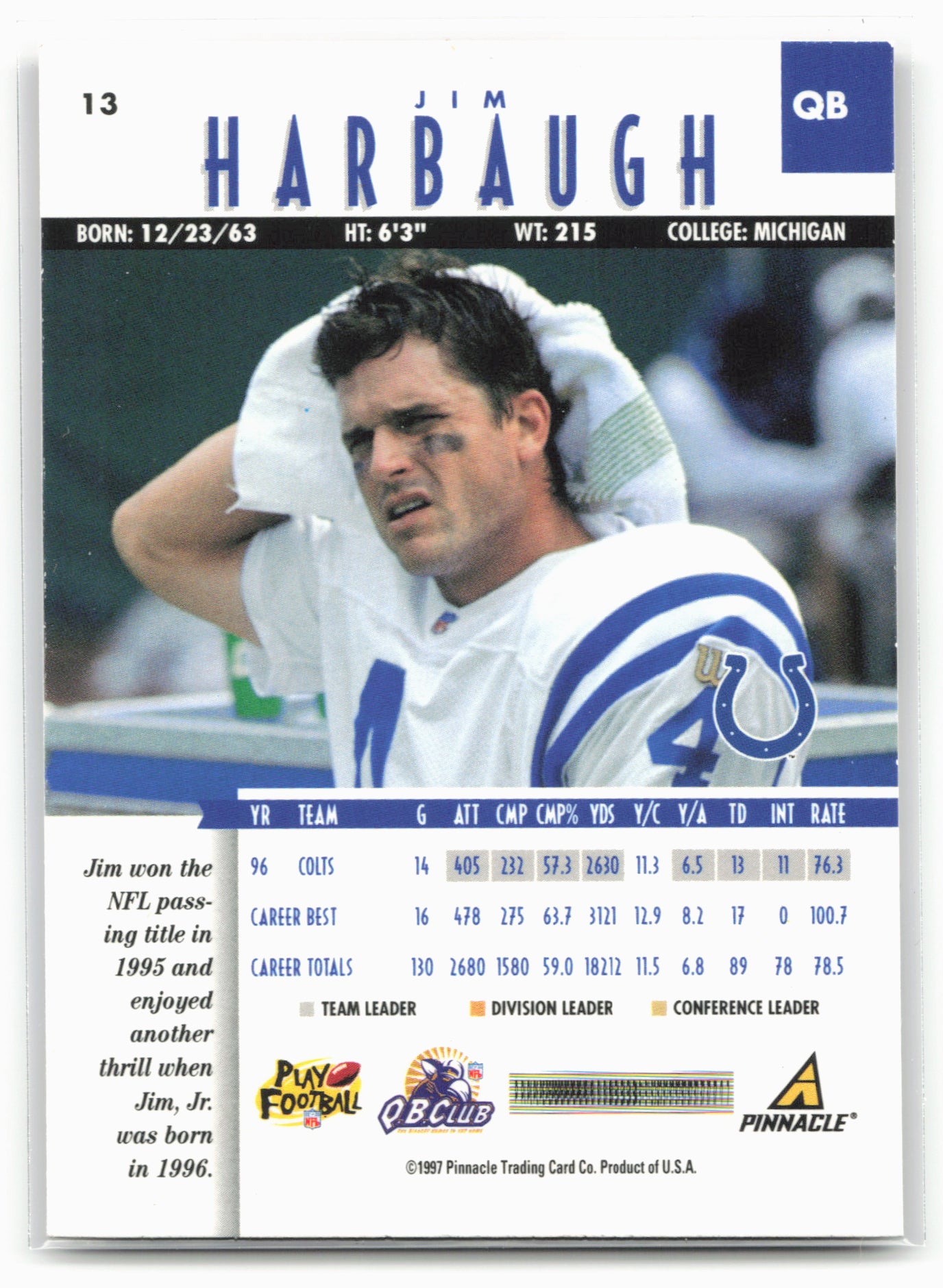 1997 Pinnacle #13 Jim Harbaugh