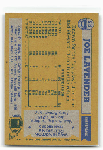 1982 Topps #513 Joe Lavender