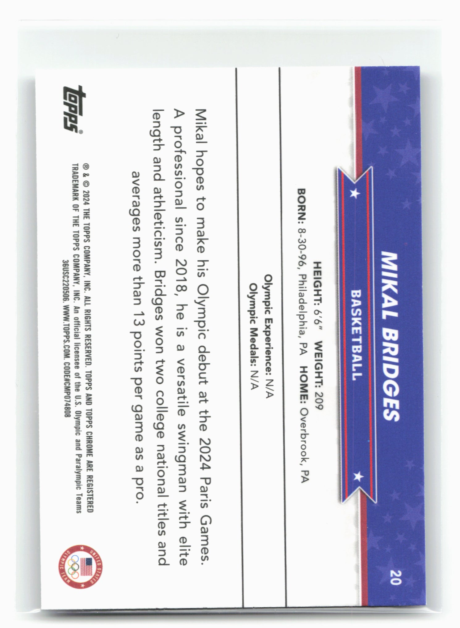 2024 Topps Chrome U.S. Olympics & Paralympic Hopefuls #20 Mikal Bridges 29002
