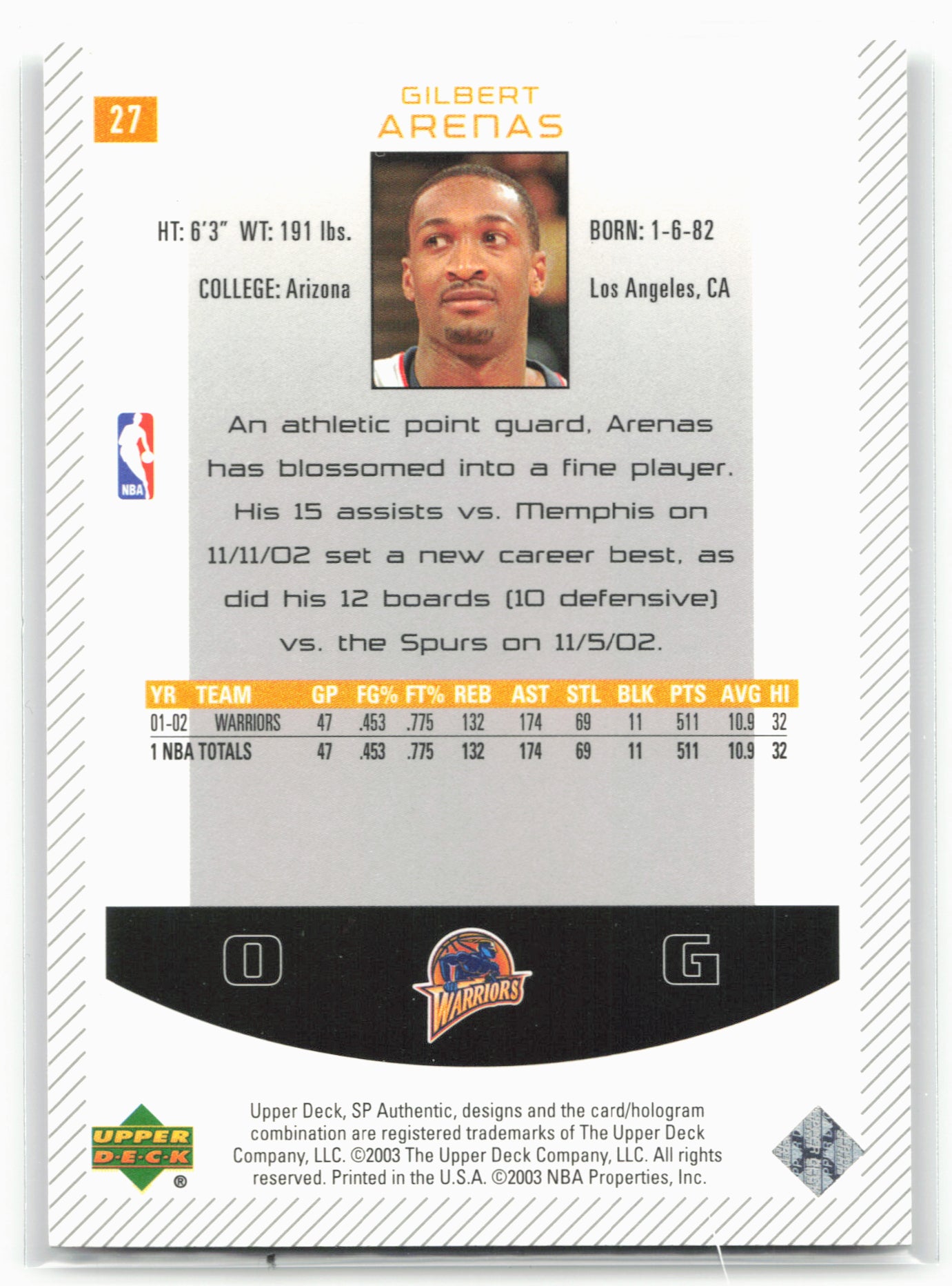 2002-03 SP Authentic #27 Gilbert Arenas